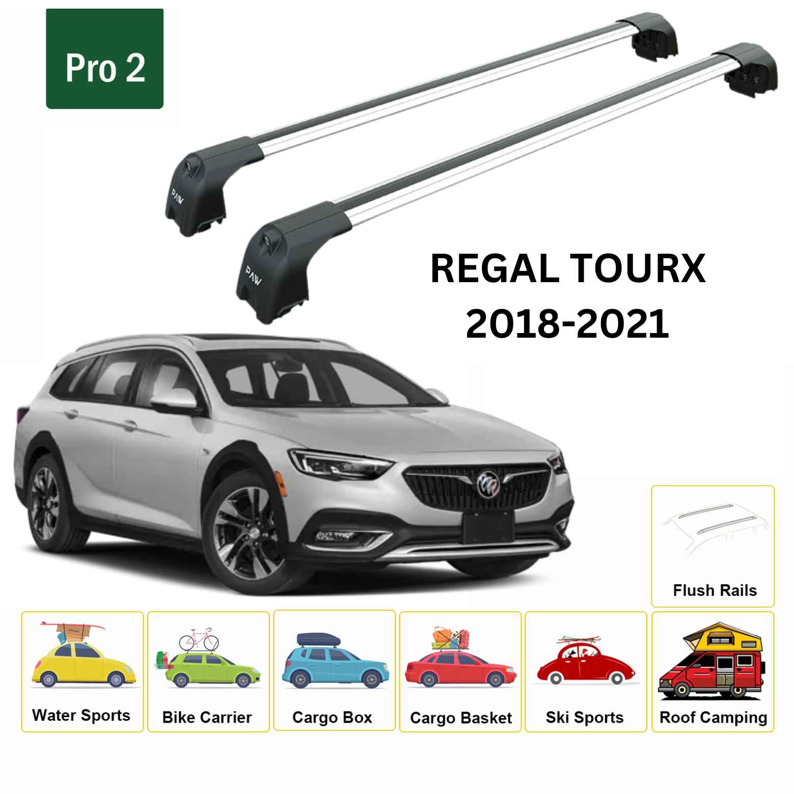 For Buick Regal TourX 2018-21 Roof Rack Cross Bars Flush Rails Alu Silver - 0