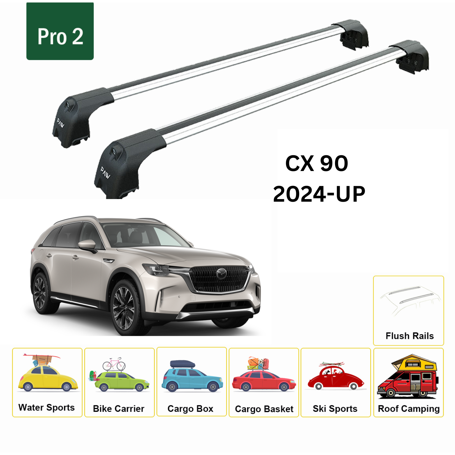 For Mazda CX 90 2023-Up Roof Rack Cross Bars Metal Bracket Flush Rail Alu Silver - 0