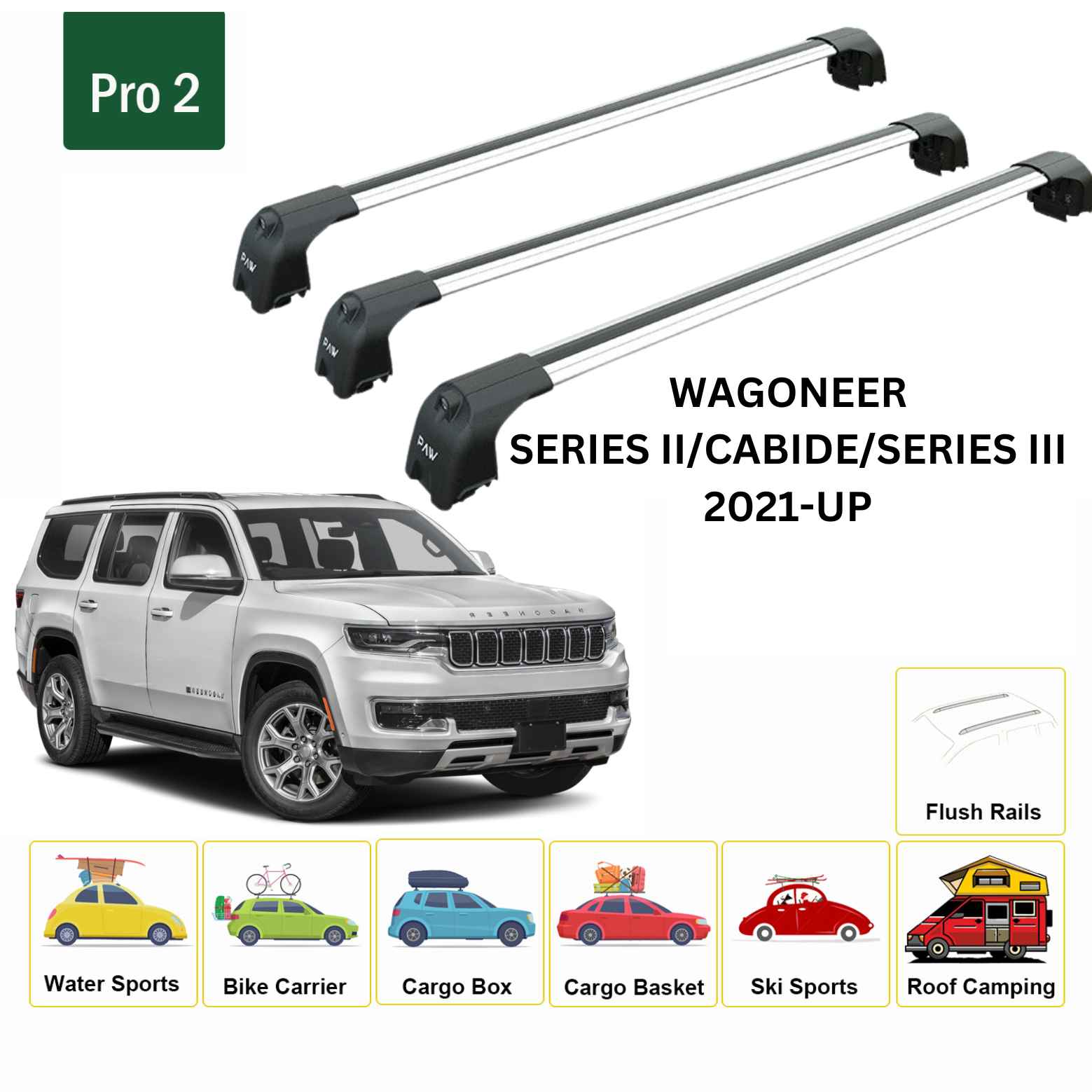 For Jeep Wagoneer 2021-Up Roof Rack Cross Bars Flush Rail Alu Silver