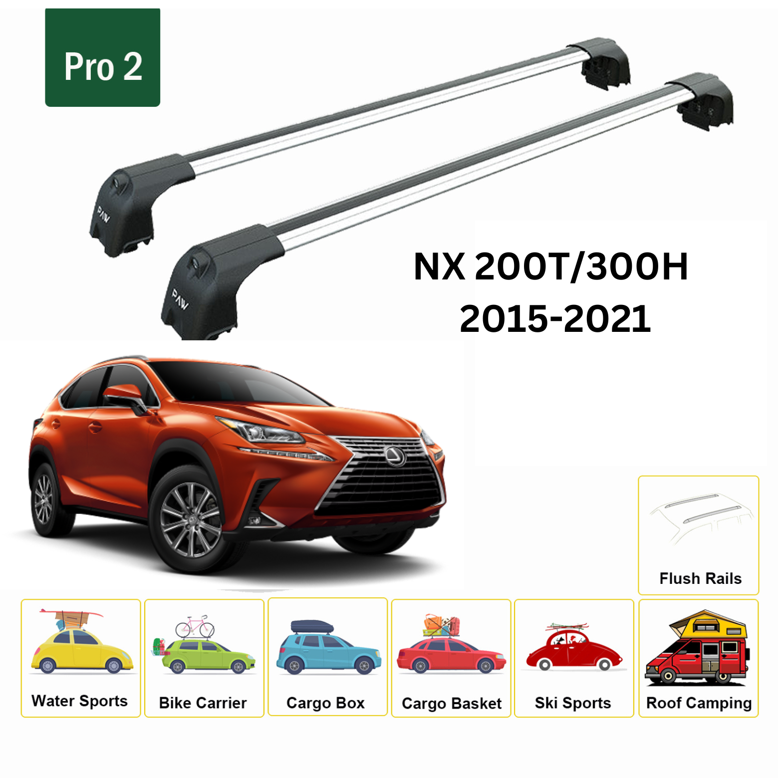 For Lexus NX-Series 2015-21 Roof Rack Cross Bars Flush Rail Alu Silver