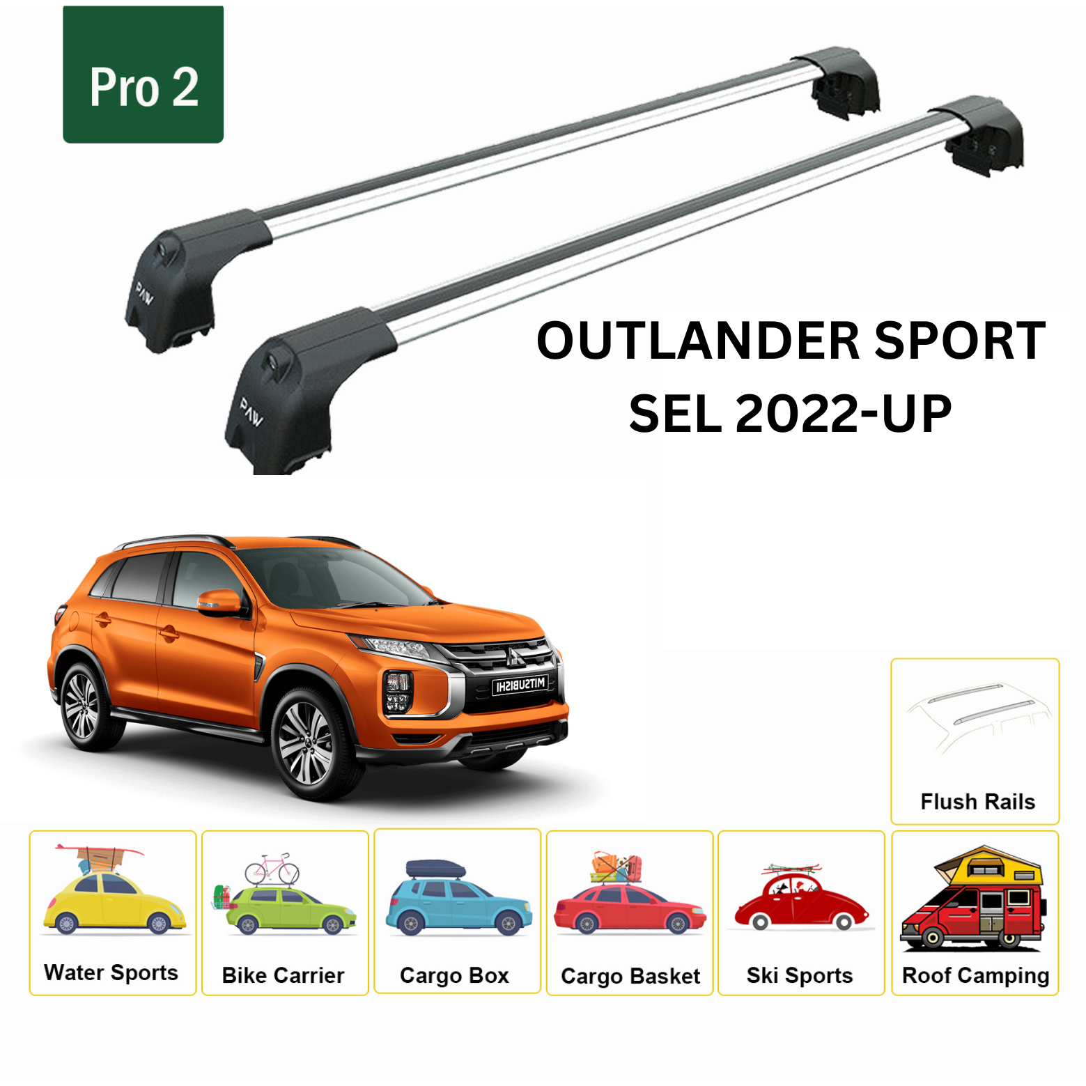 For Mitsubishi Outlander Sport 2022-Up Roof Rack Cross Bars Flush Rail Alu Silver
