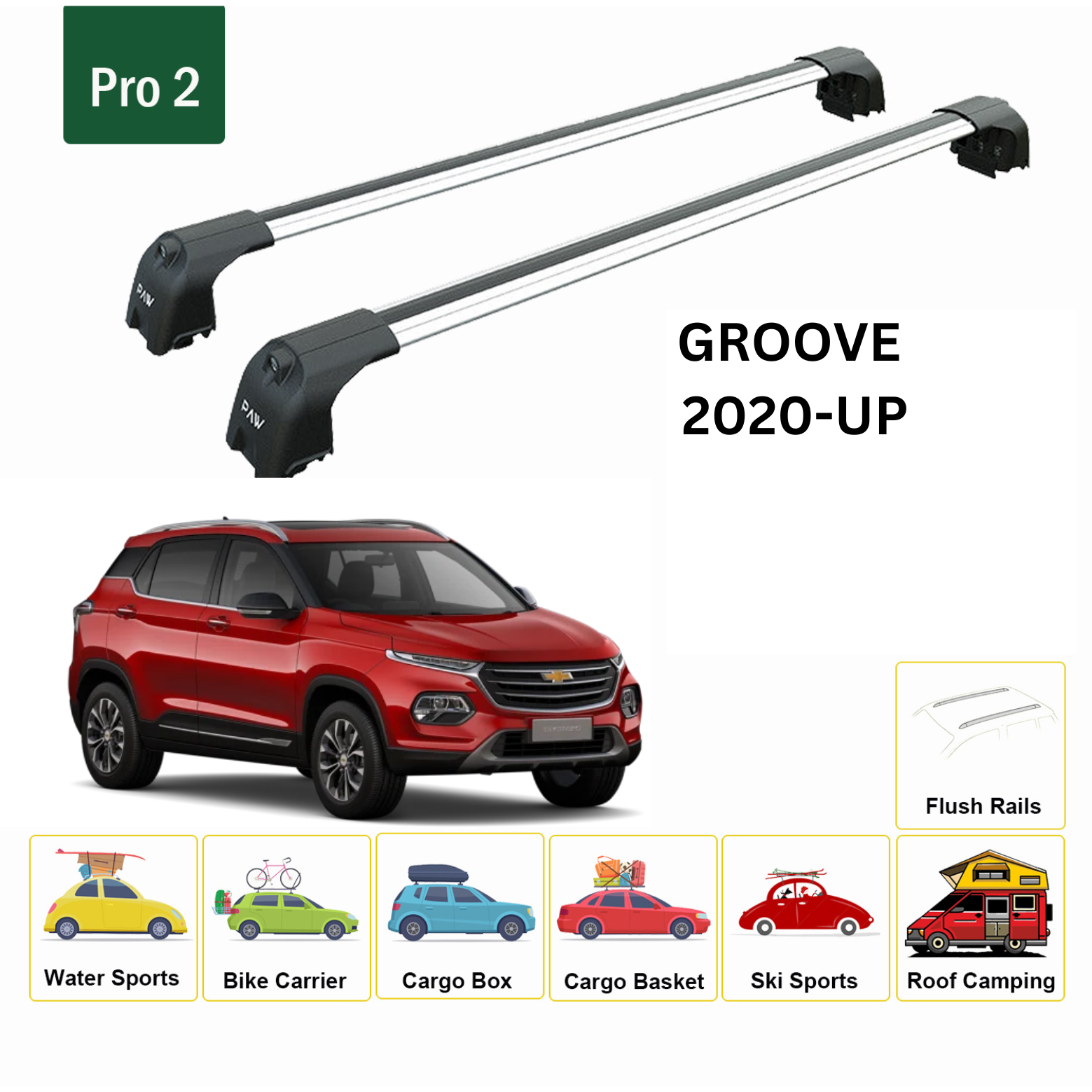 For Chevrolet Groove 2019-Up Roof Rack Cross Bars Metal Bracket Flush Rail Alu Silver - 0