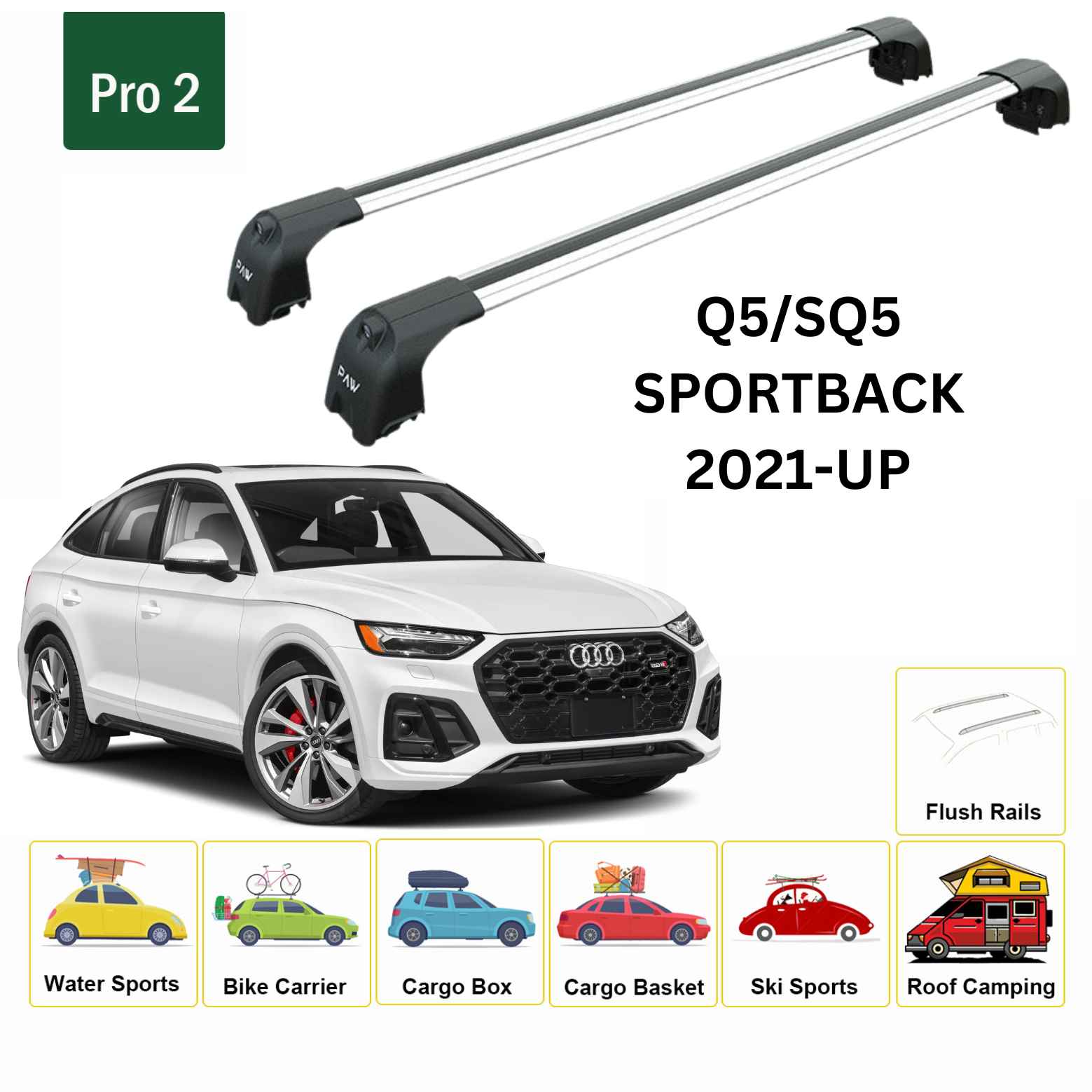 For Audi Q5/SQ5 Sportback 2021-Up Roof Rack Cross Bars Flush Rails Alu Silver - 0