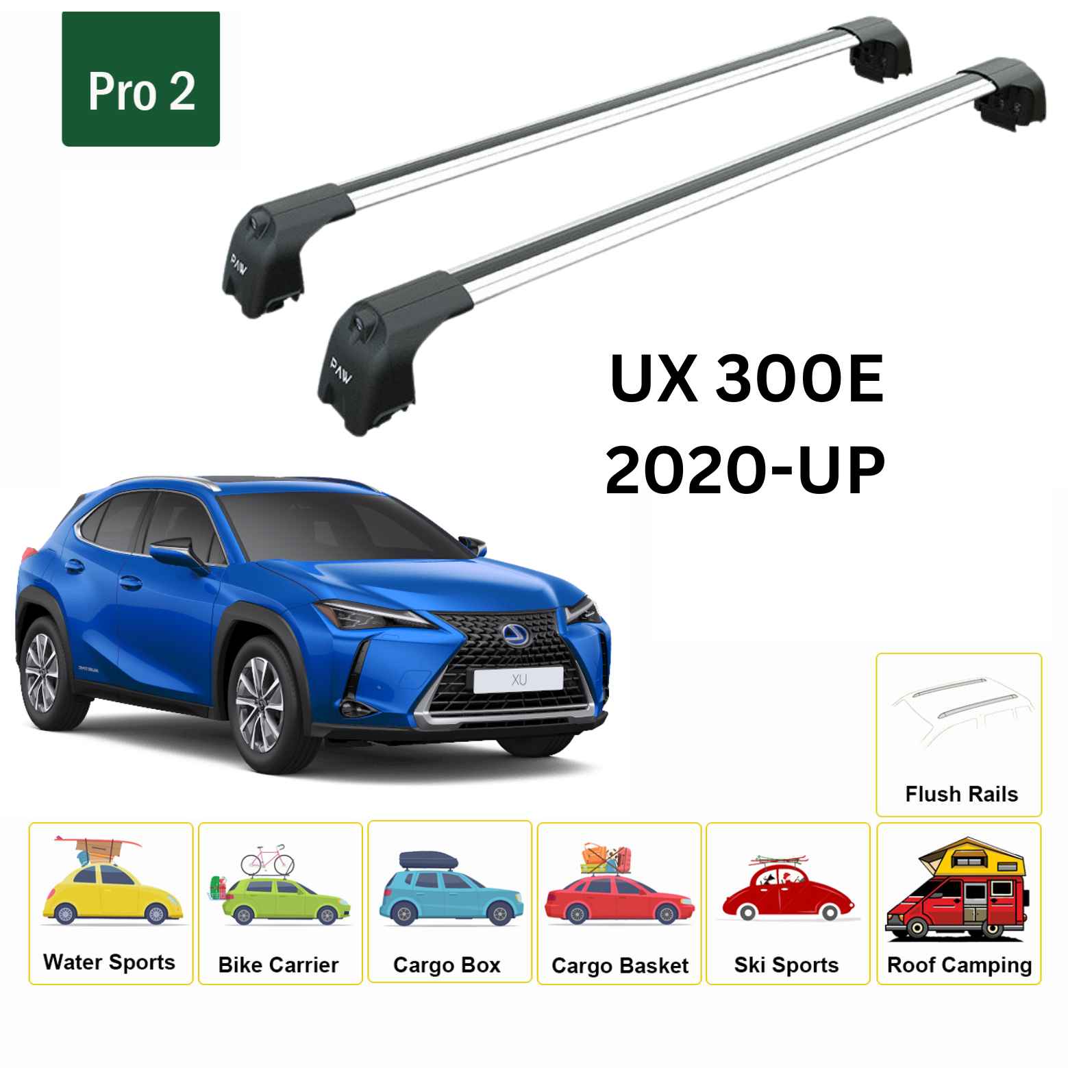 For Lexus UX 350e 2020-Up Roof Rack Cross Bars Flush Rail Alu Silver - 0