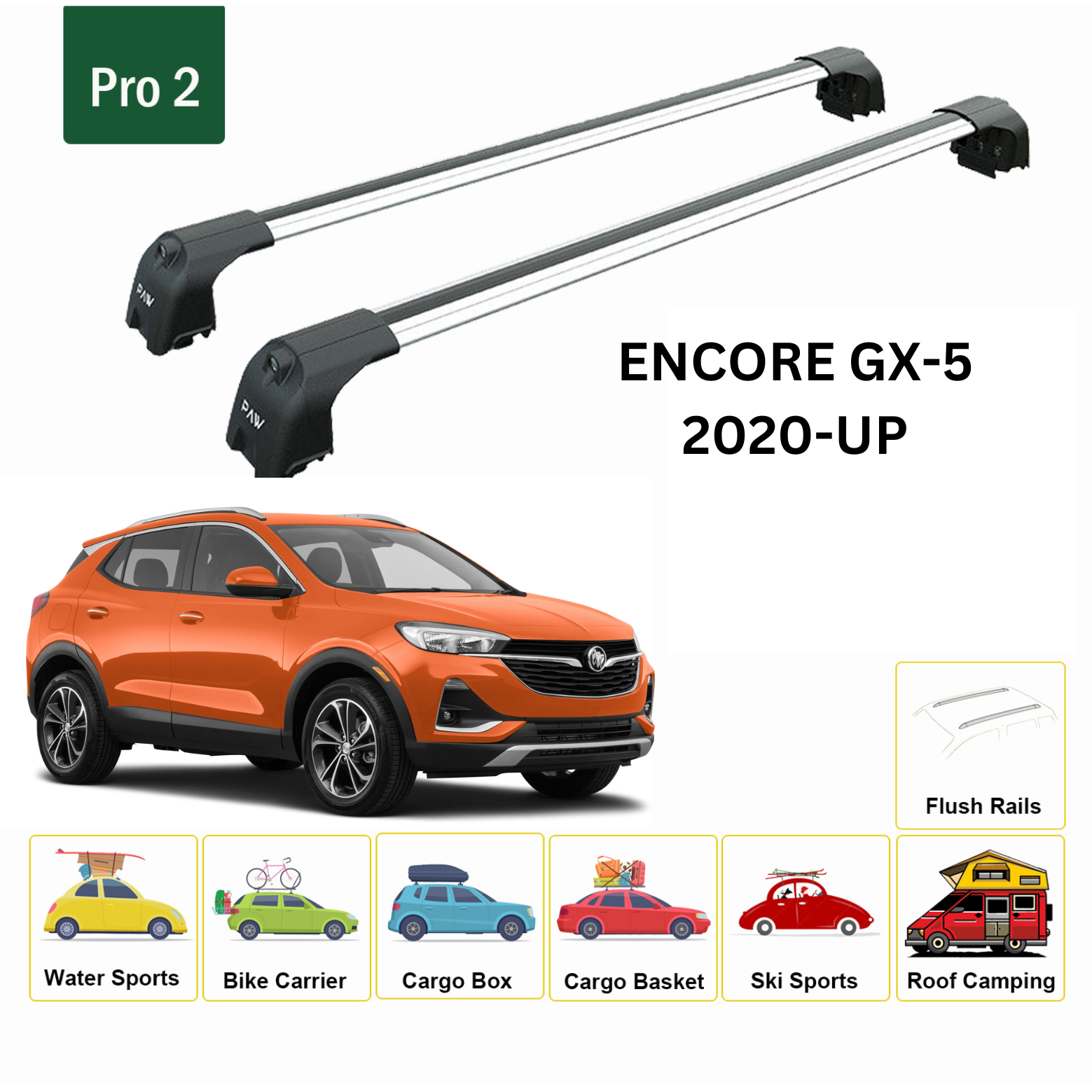 For Buick Encore (GX-5) 2020-Up Roof Rack Cross Bars Flush Rails Alu Silver - 0
