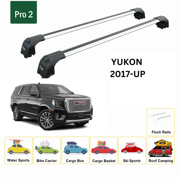 For GMC Yukon (2015-2023) Roof Rack Cross Bars Flush Rail, Silver