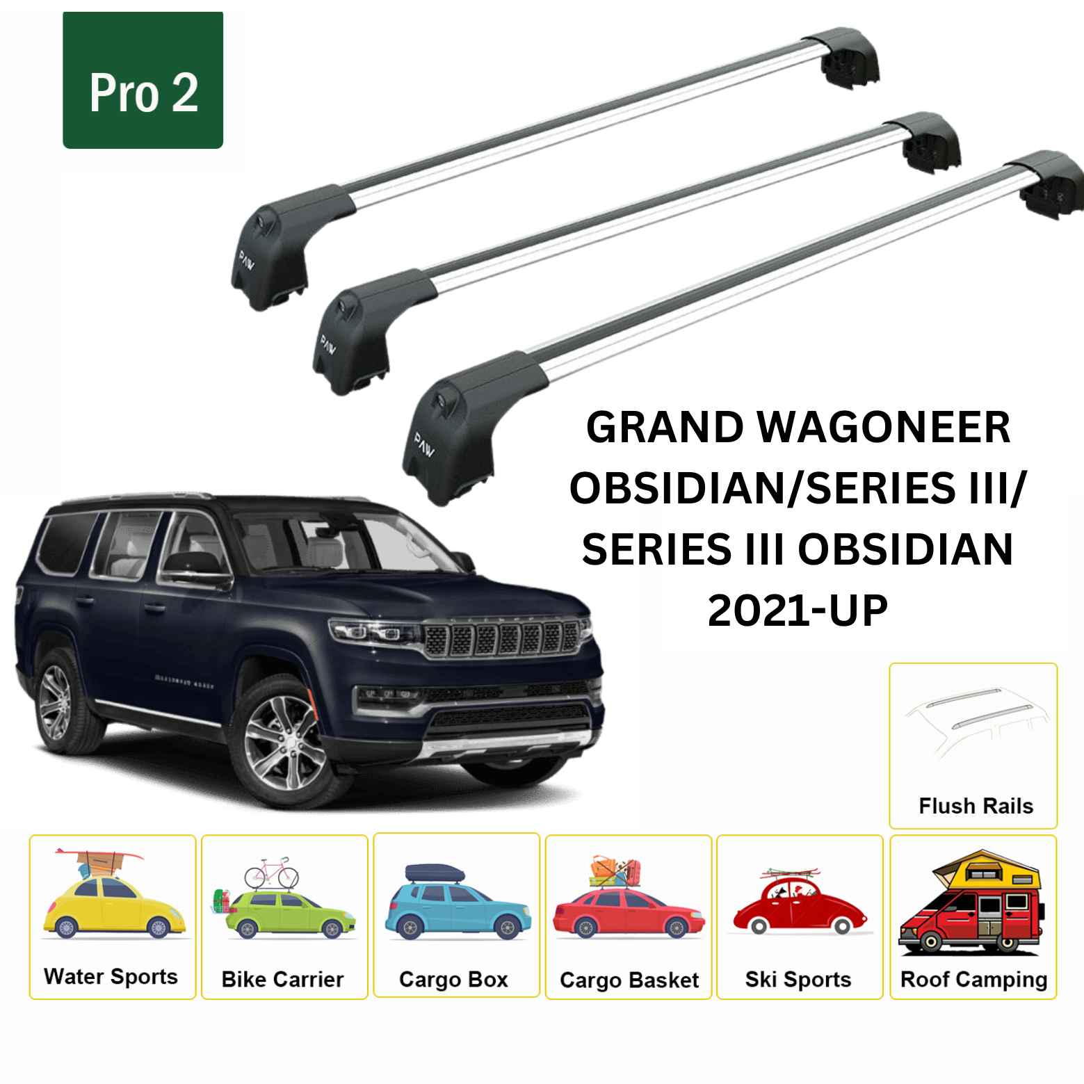 For Jeep Grand Wagoneer 2021-Up Roof Rack Cross Bars Flush Rail Alu Silver