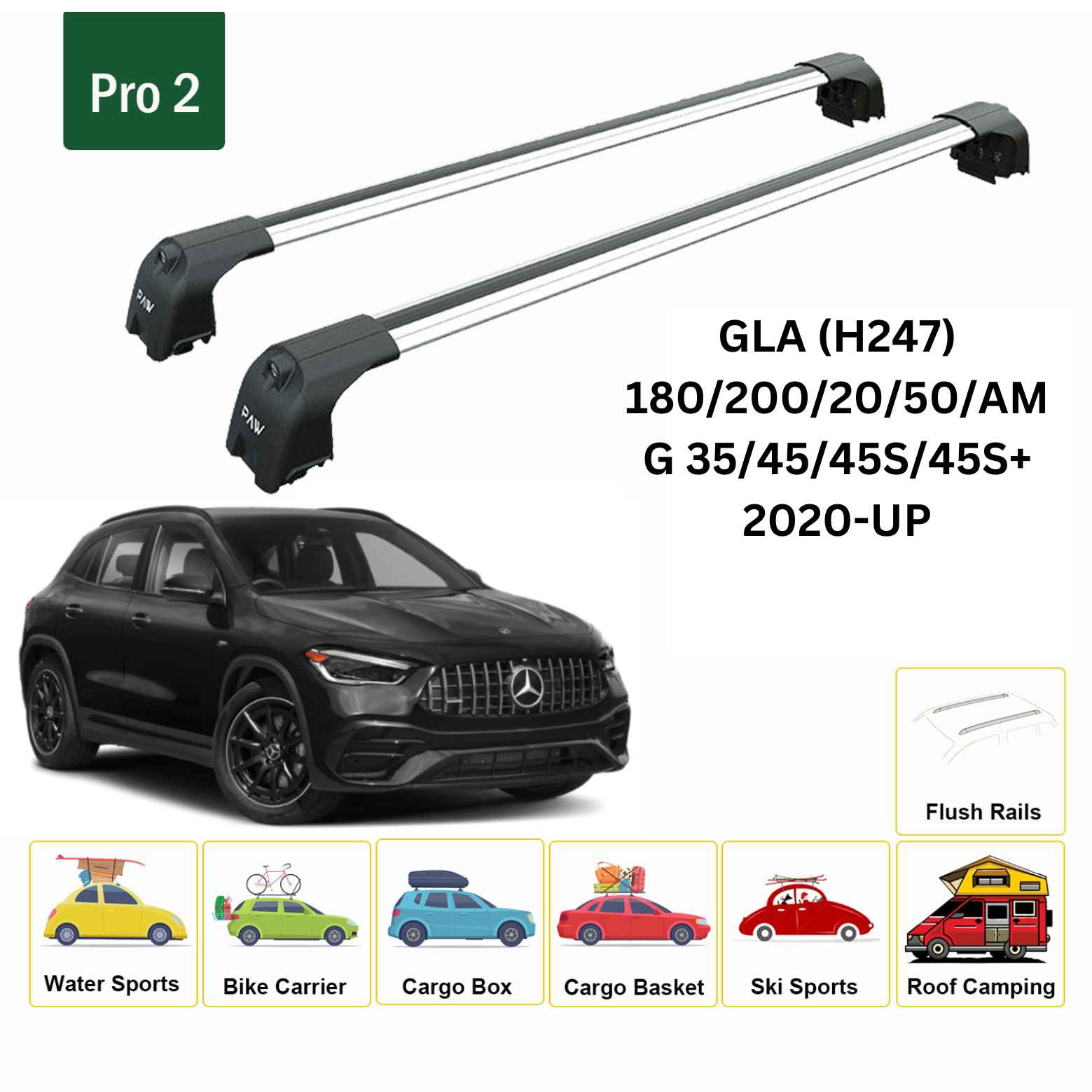 For Mercedes GLA (H247) 2020-Up Roof Rack Cross Bars Flush Rail Alu Silver - 0