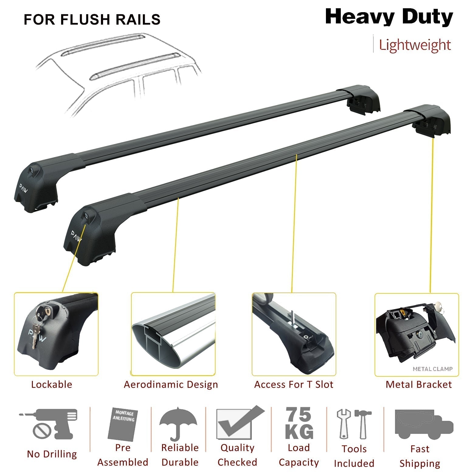For Nissan Leaf 2025- Up Roof Rack Cross Bars Metal Bracket Flush Rail Black