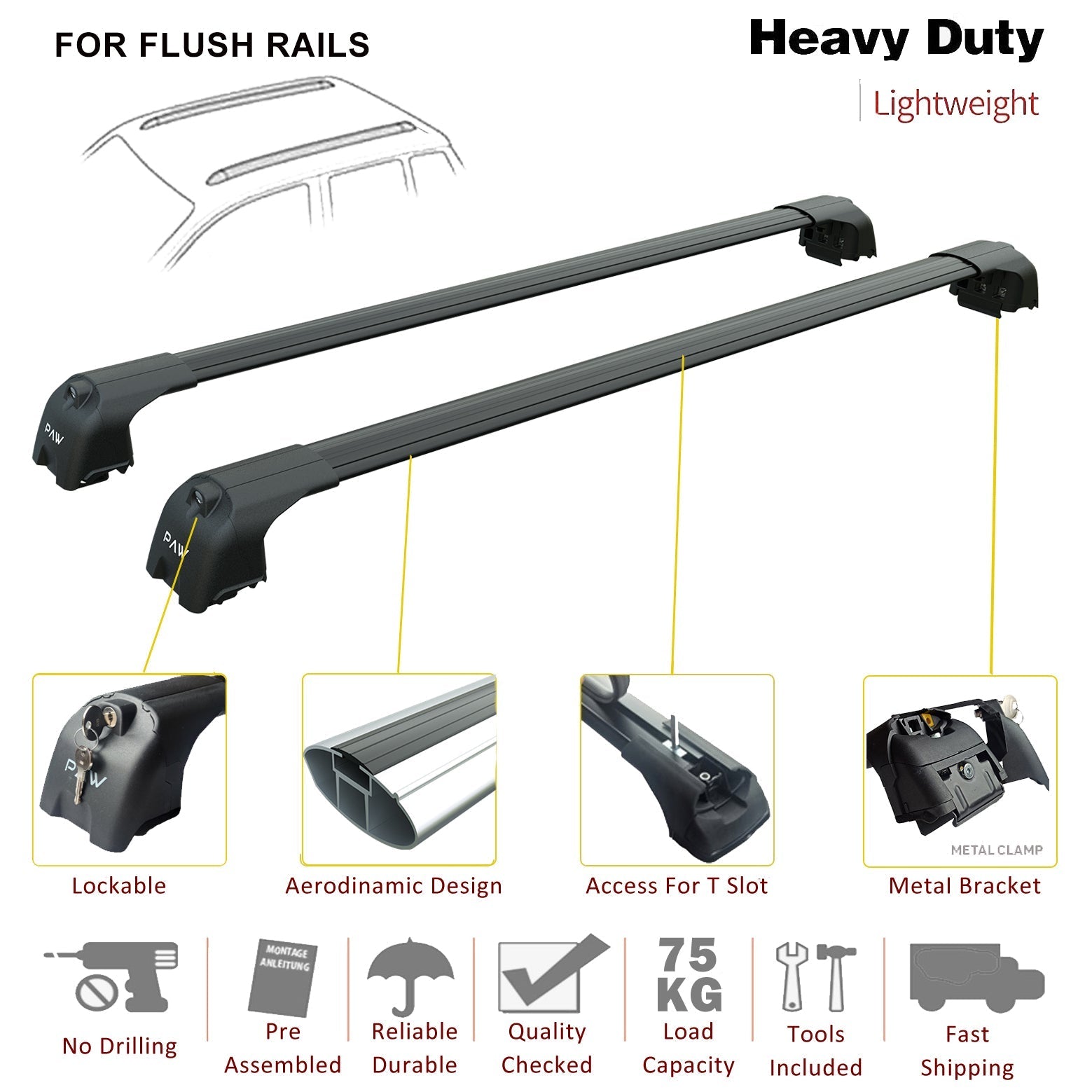 For Fiat Doblo 2023-2025 Roof Rack System, Aluminum Cross Bar, Flush Rail, Black - 0