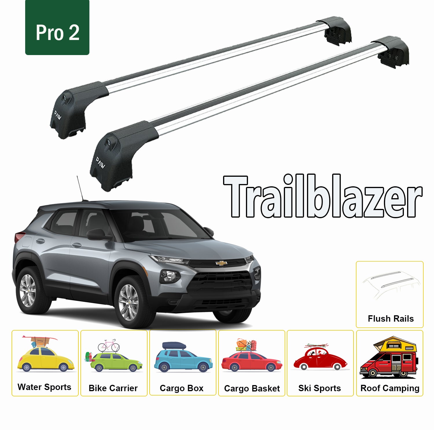 Für Chevrolet Trailblazer 2021-Up Dachträgersystem, Aluminium-Querstange, Metallhalterung, bündige Schiene, Silber