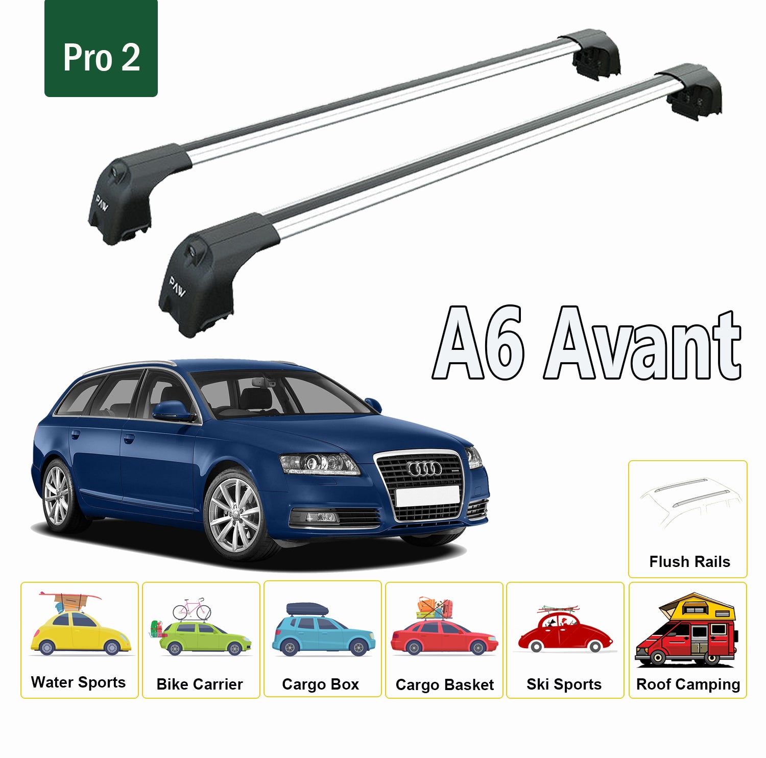 For Audi A6/S6/RS6 (C6) Avant 2006-11 Roof Rack Cross Bars Flush Rails Alu Silver