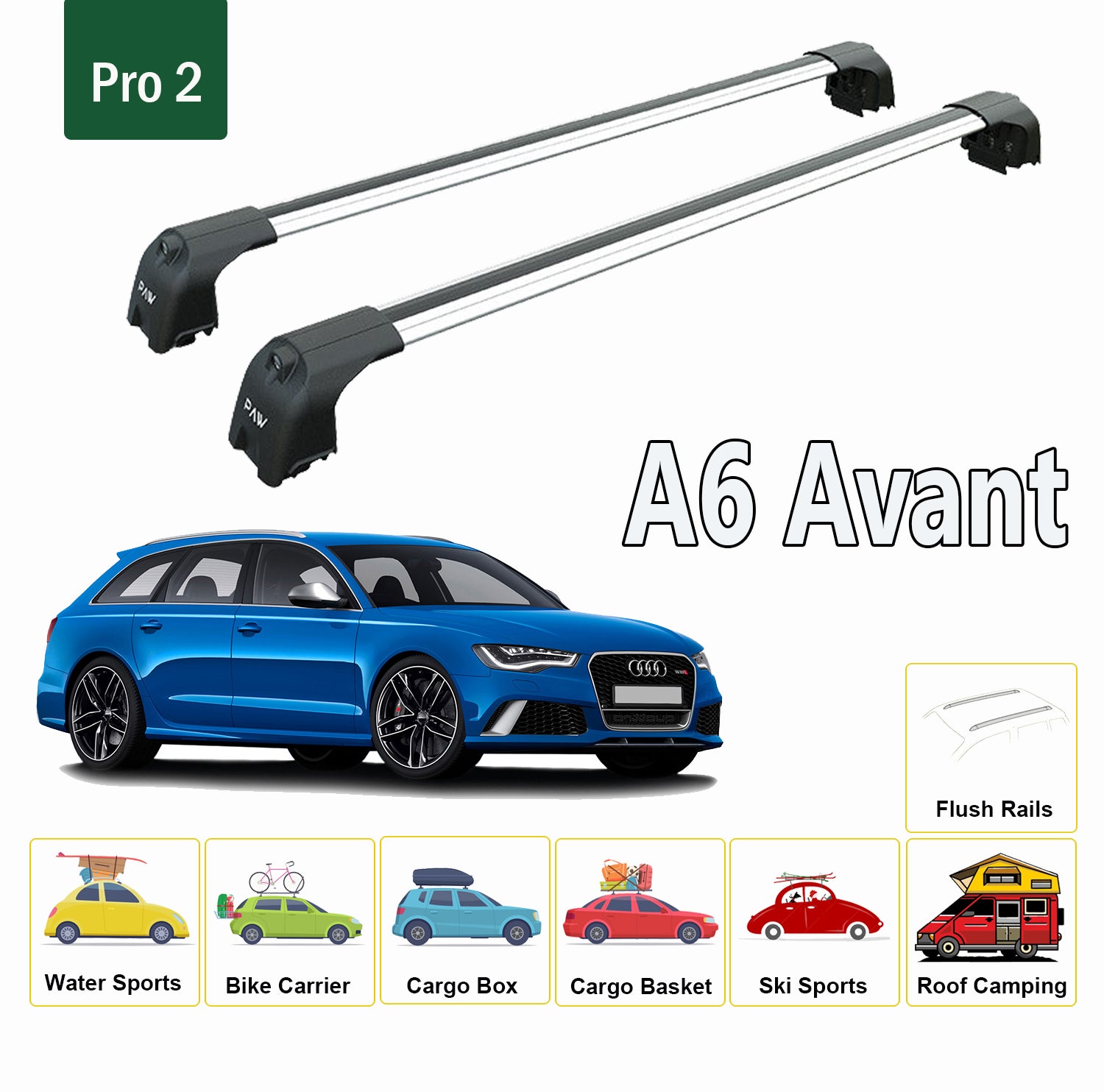 For Audi A6/S6/RS6 (C8) Avant 2019-Up Roof Rack Cross Bars Flush Rails Alu Black - 0