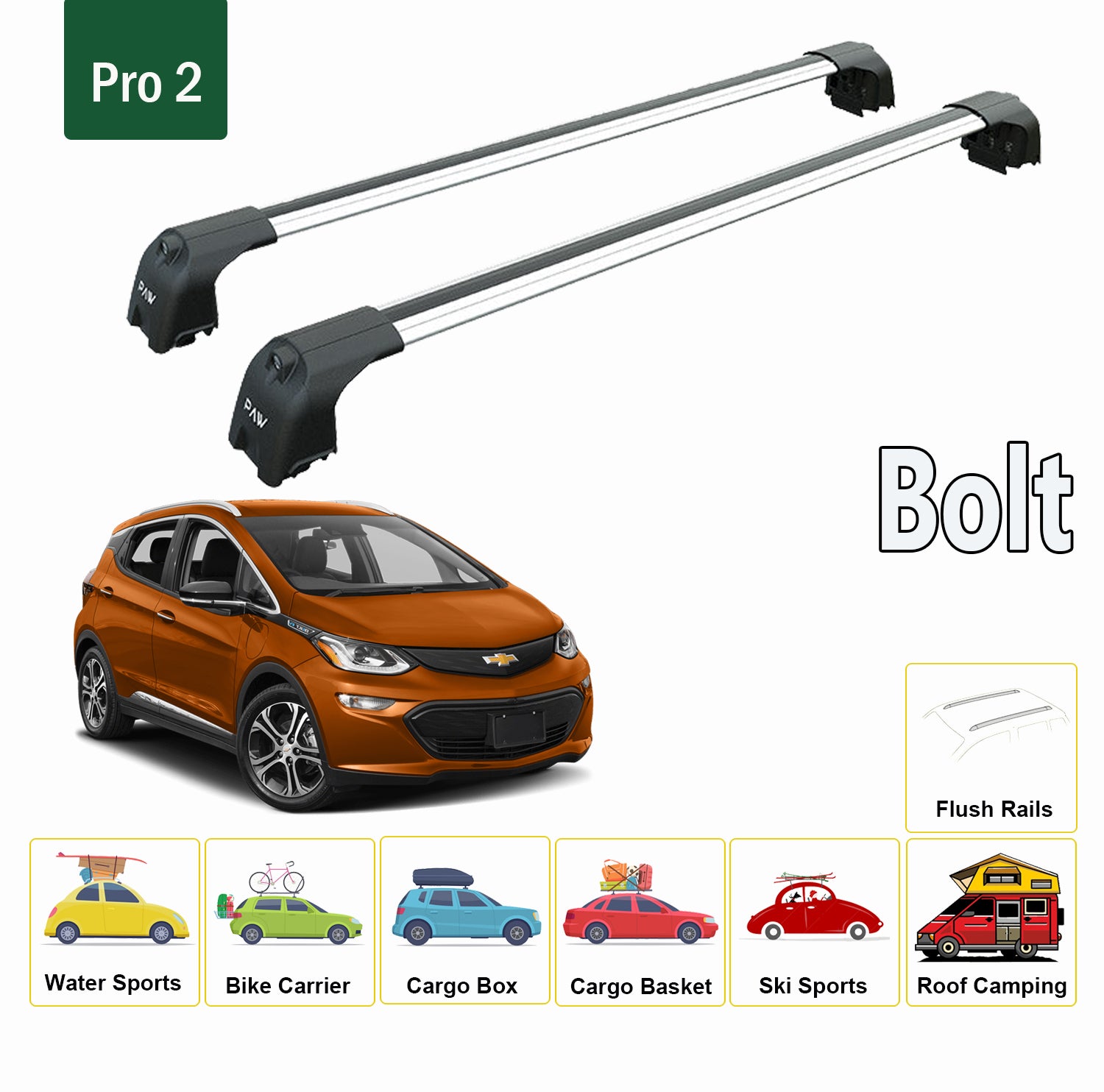 Für Chevrolet Bolt / Bolt EV 2017-Up Dachträgersystem, Aluminium-Querstange, Metallhalterung, bündige Schiene, Silber