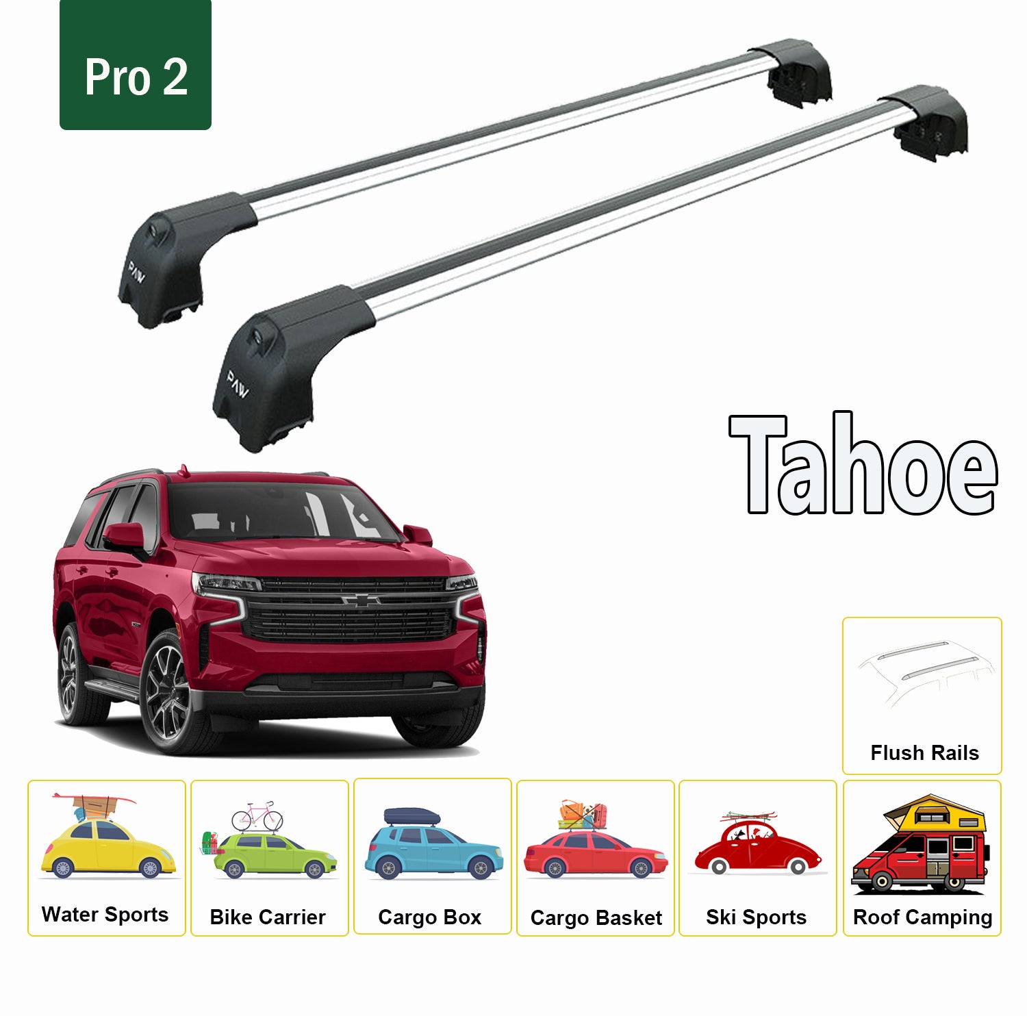 For Chevrolet Tahoe 2021-Up Roof Rack Cross Bars Metal Bracket Flush Rail Alu Silver - 0