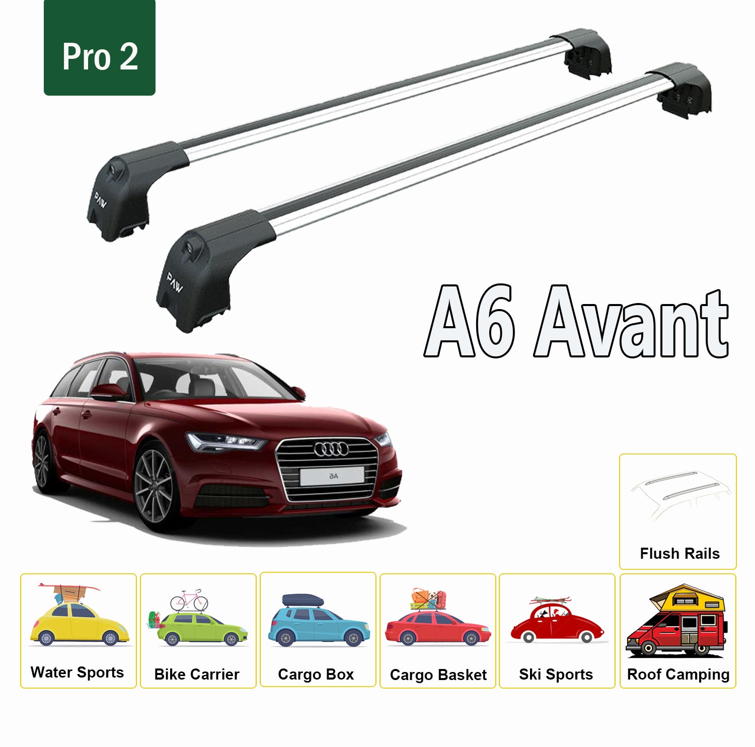 Für Audi A6 C7 Avant 2011–2018 Dachträgersystem, Aluminium-Querstange, Metallhalterung, bündige Schienen, Silber - 0