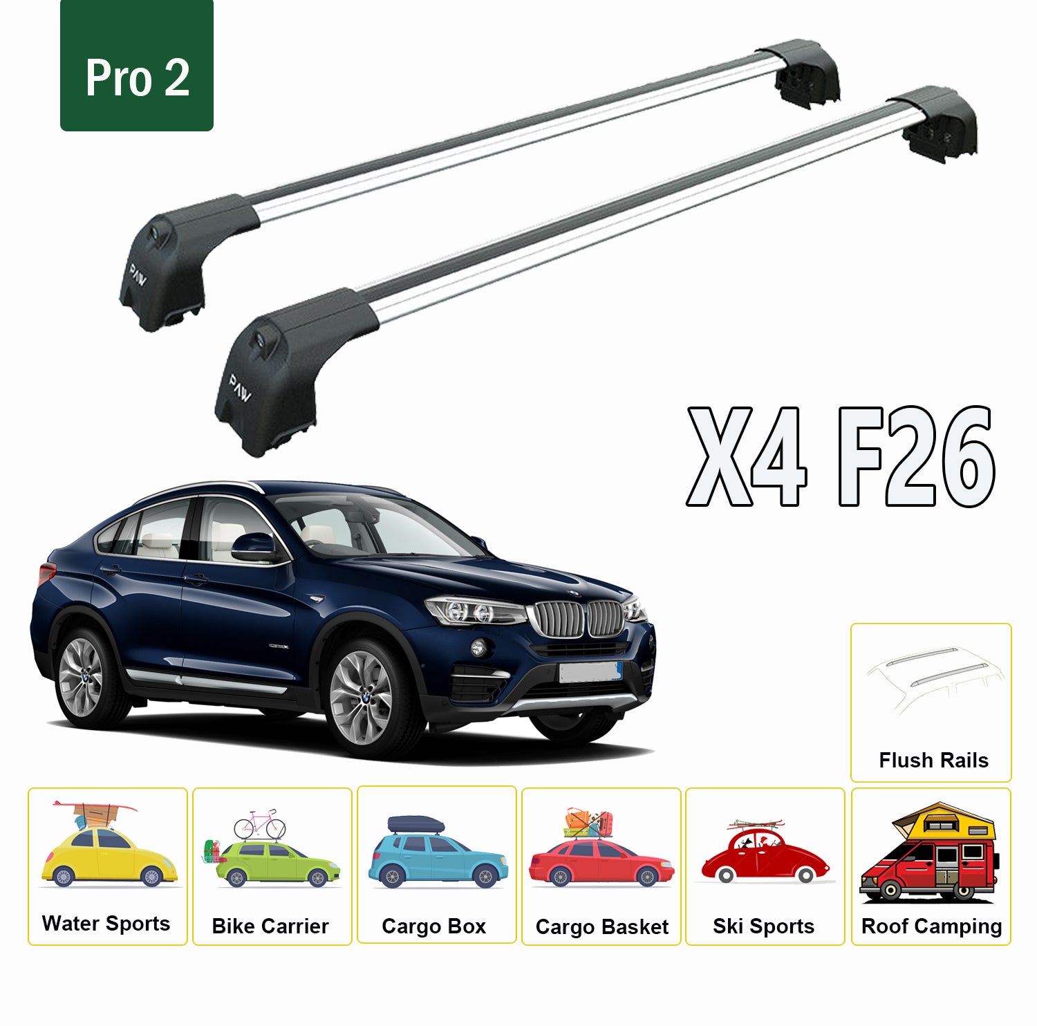 For BMW X4 F26 2014-19 Roof Rack Cross Bars Metal Bracket Flush Rail Alu Silver - 0