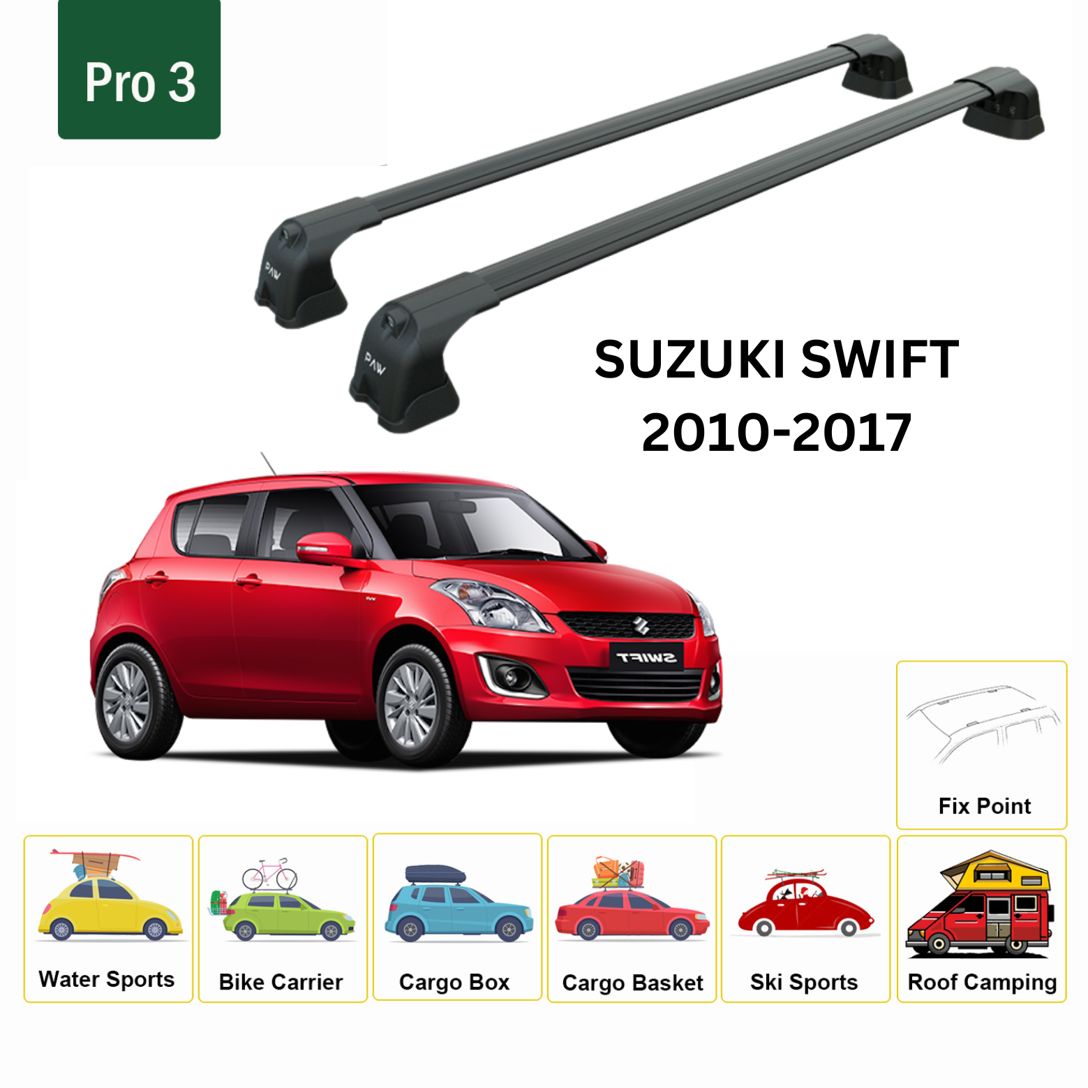 For Suzuki Swift 2010-17 Roof Rack Cross Bars Metal Bracket Fix Point Alu Black - 0