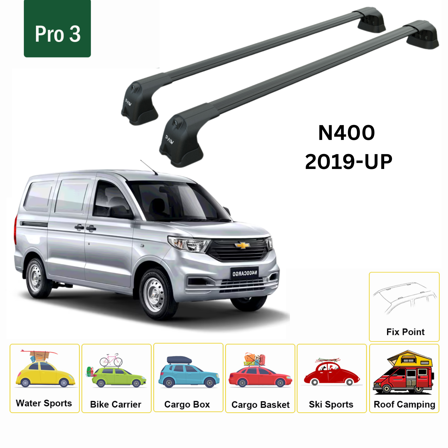 For Chevrolet N400 2019-Up Roof Rack Cross Bars Metal Bracket Fix Point Alu Black