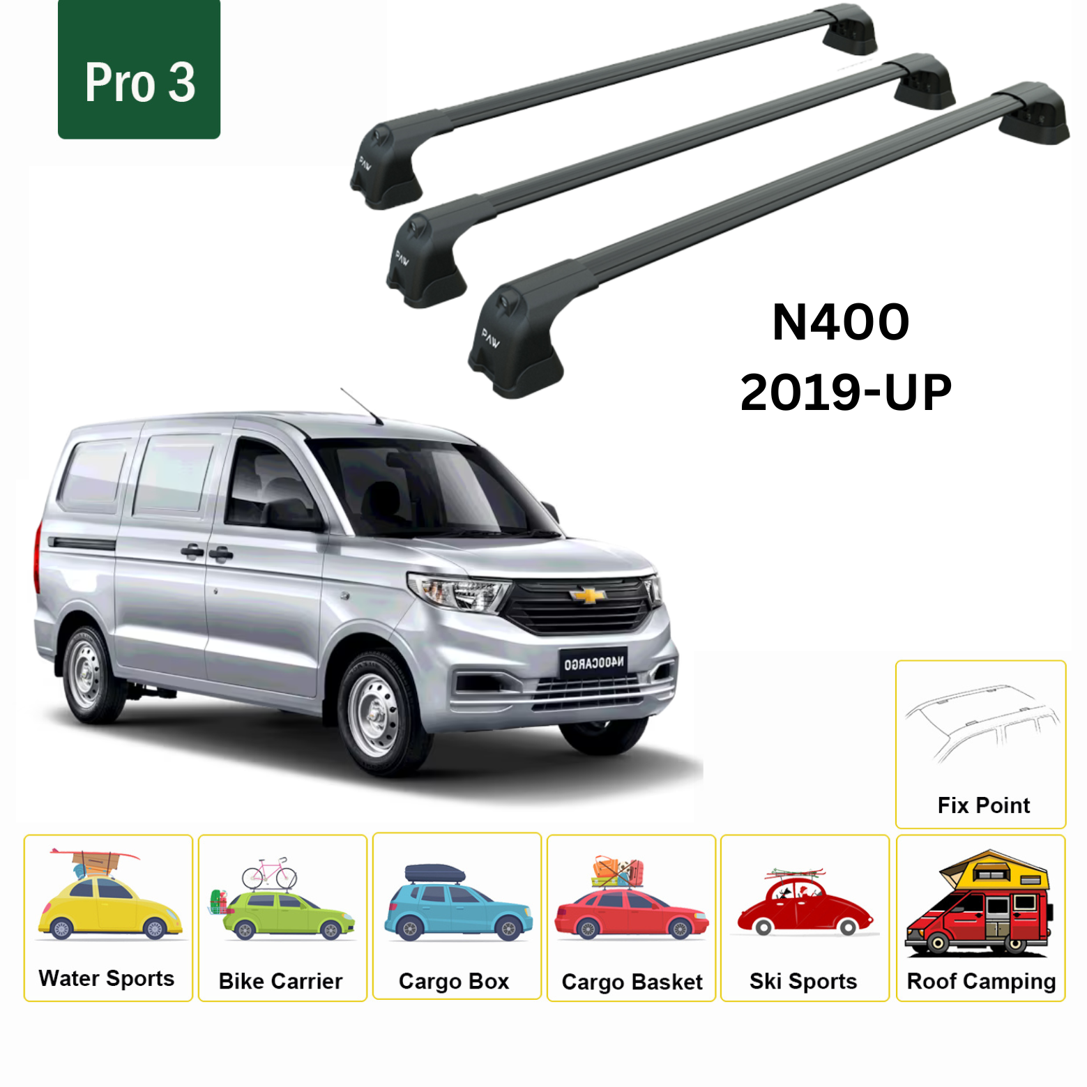 For Chevrolet N400 2019-Up Roof Rack Cross Bars Metal Bracket Fix Point 3 Qty. Alu Black - 0
