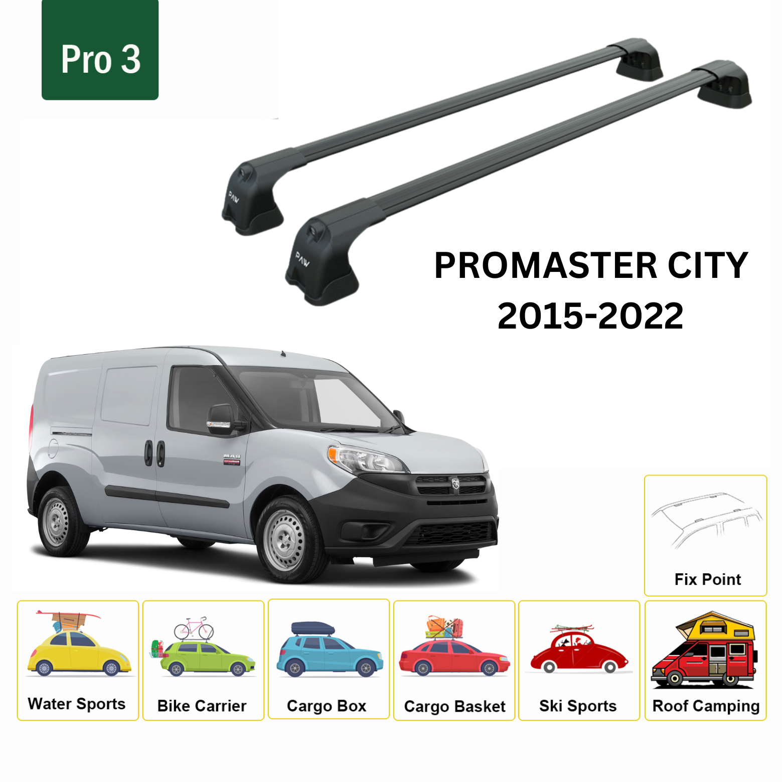 For Chevrolet Promaster City 2015-22 Roof Rack Cross Bars Metal Bracket Fix Point Alu Black - 0