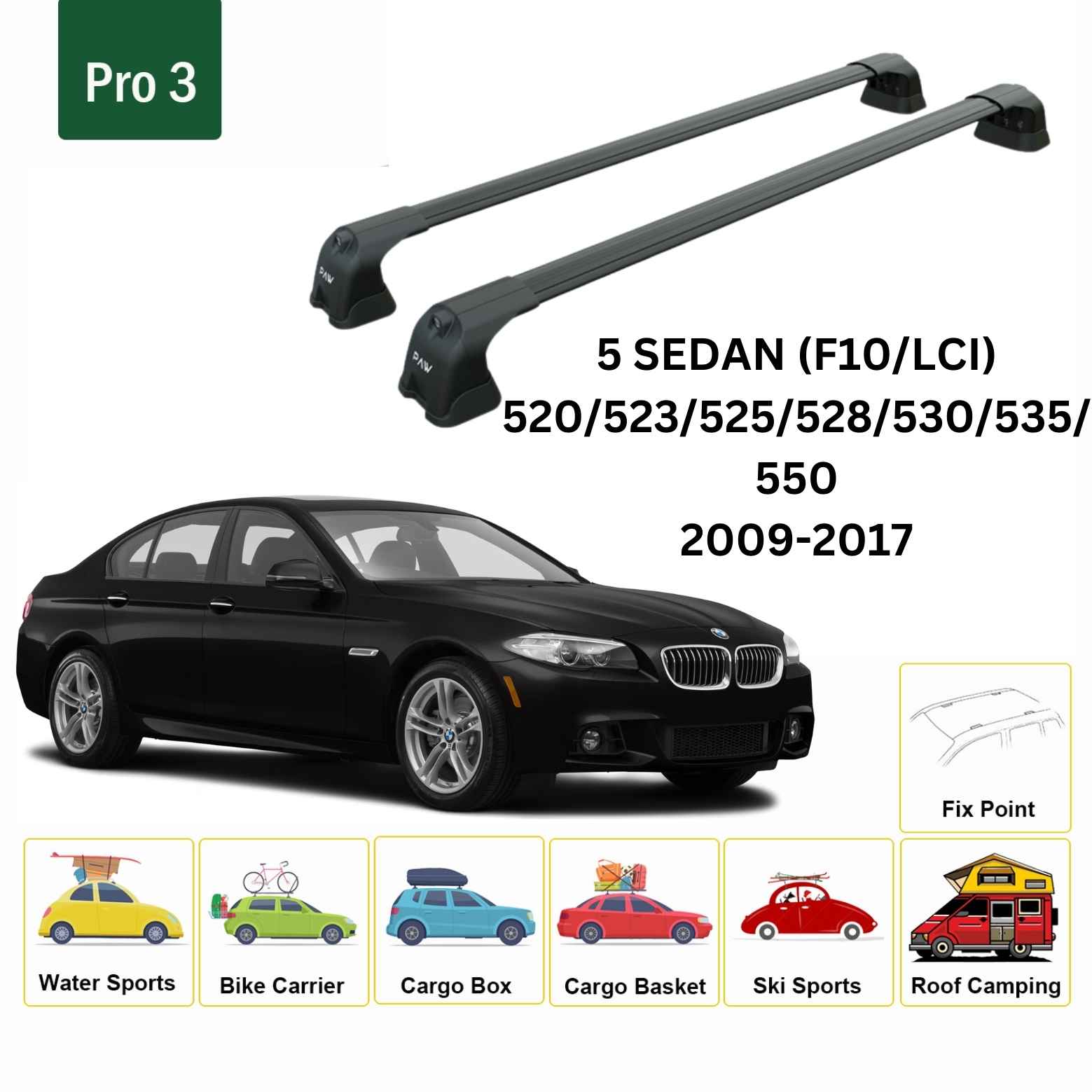 For BMW 5 Sedan (F10) 2009-17 Roof Rack Cross Bars Fix Point Alu Black - 0