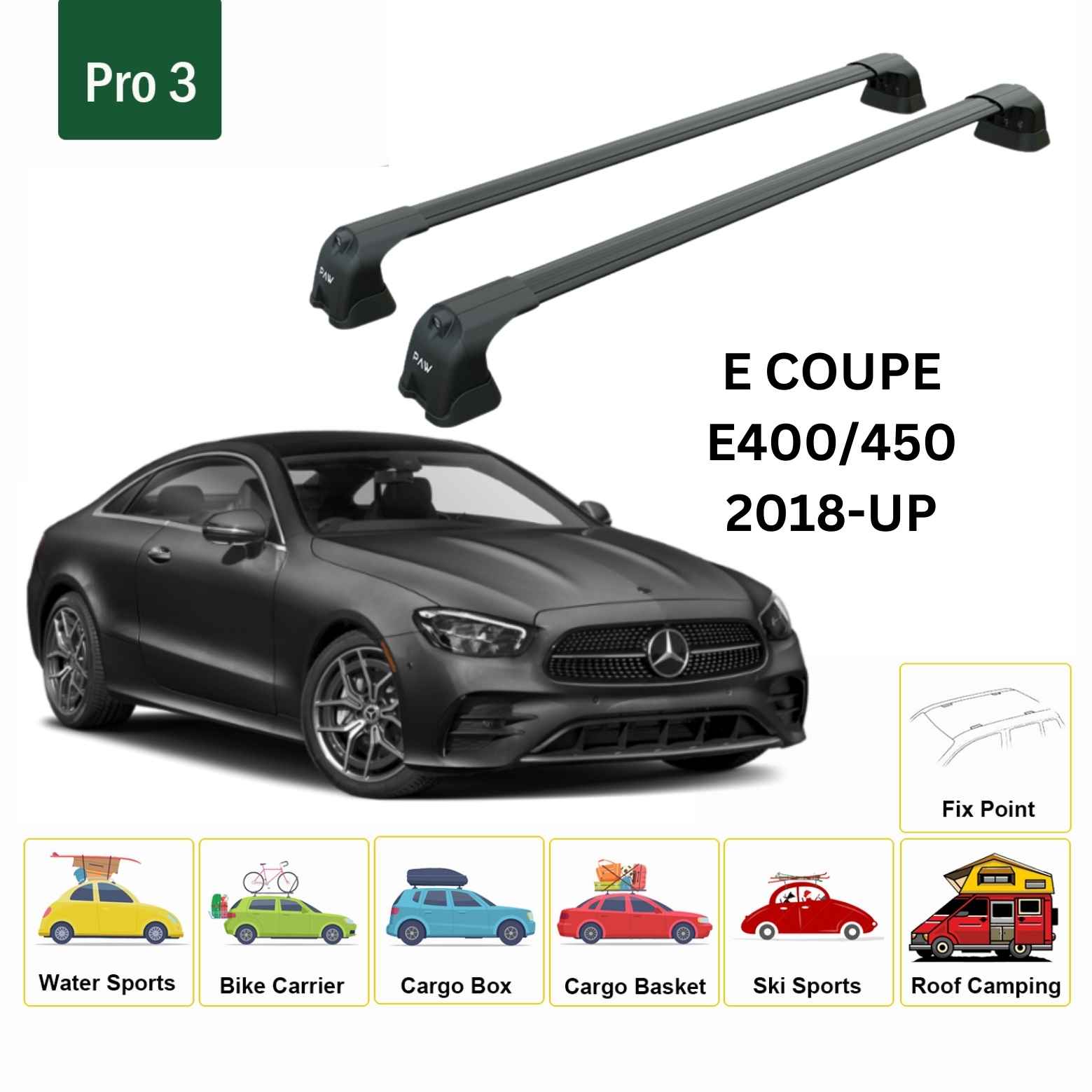 For Mercedes Benz E Coupe C238 2018-Up Roof Rack Cross Bars Fix Point Alu Black - 0