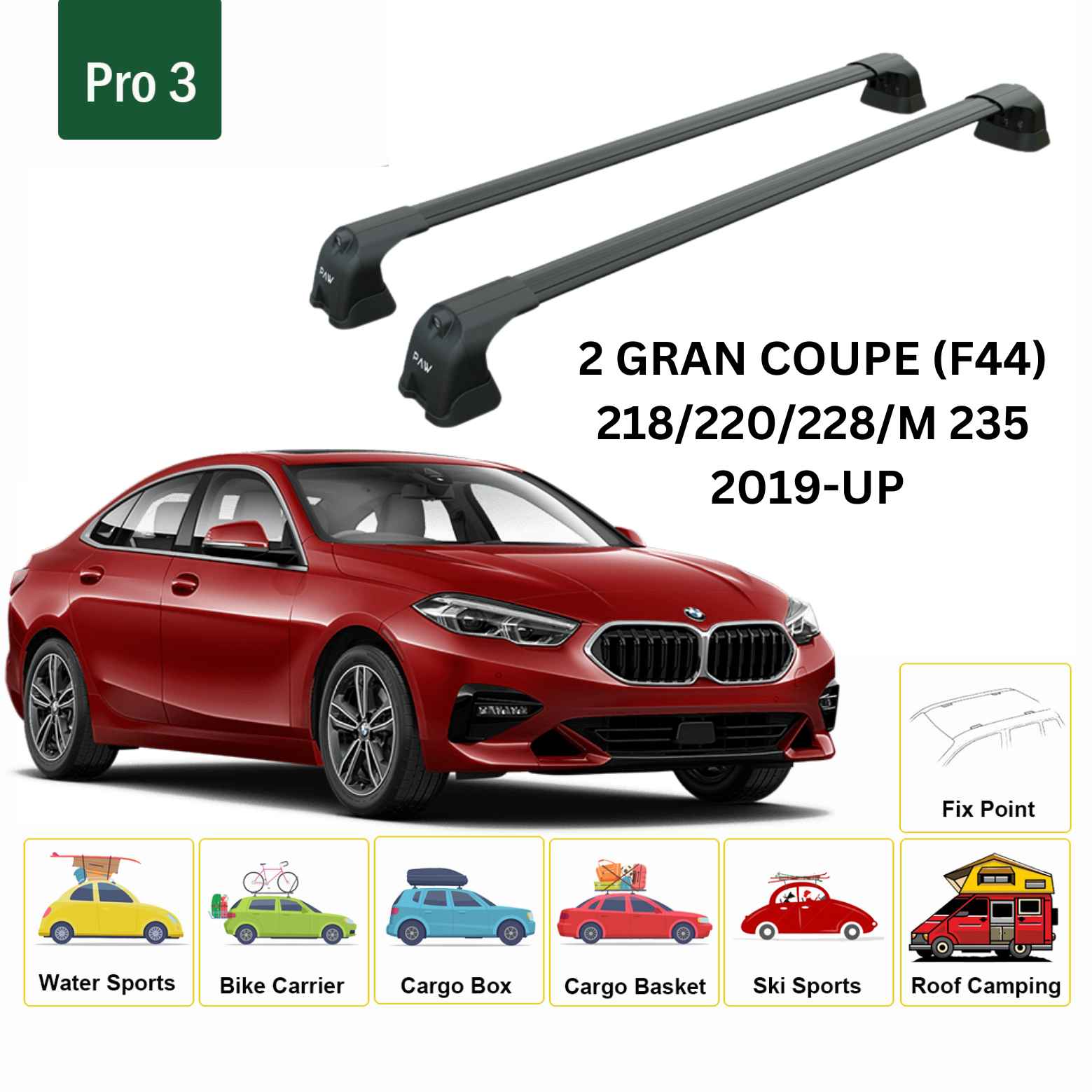 For BMW 2 Gran Coupe (F44) 2019-Up Roof Rack Cross Bars Fix Point Alu Black