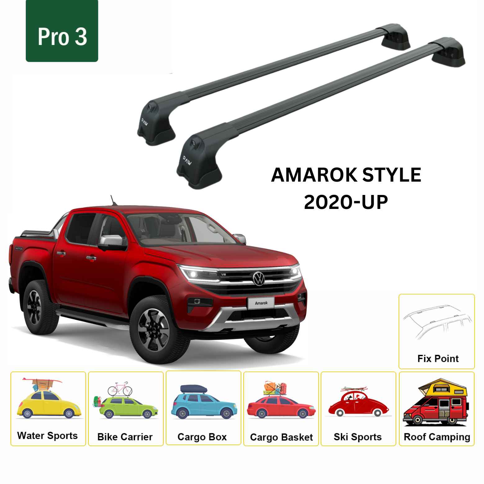 For Volkswagen Amarok Style 2020-Up Roof Rack Cross Bar Fix Point Alu Black