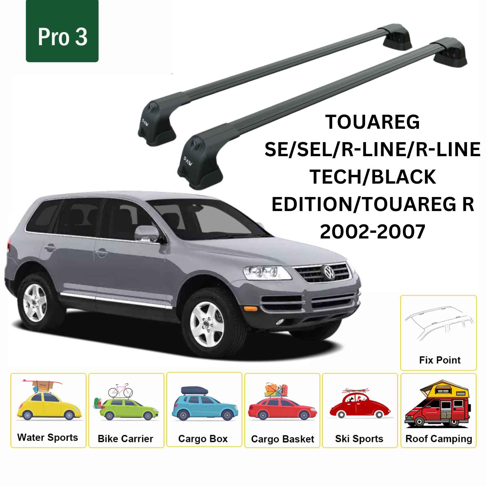 For Volkswagen Touareg 2002-07 Roof Rack Cross Bar Fix Point Alu Black