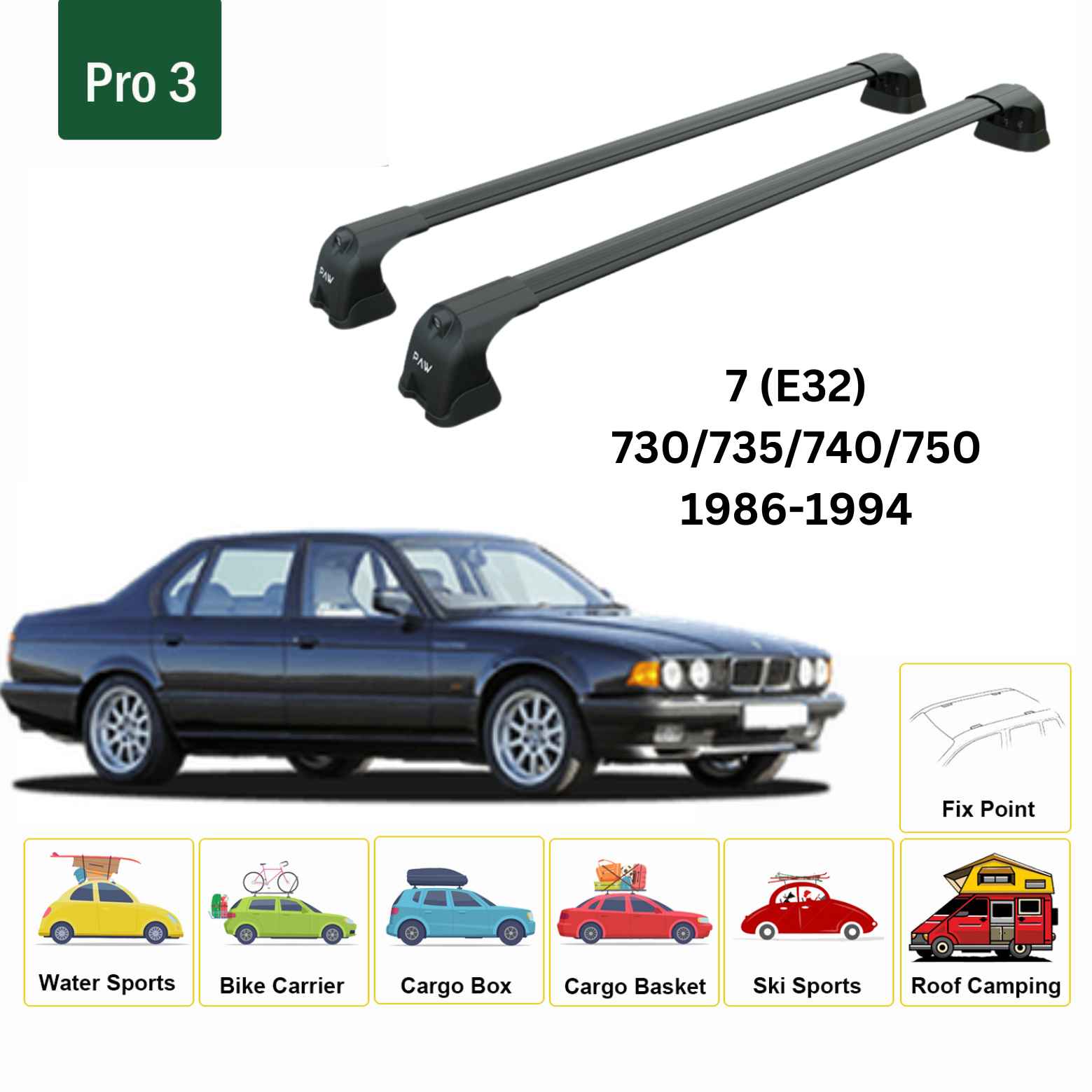 For BMW 7 (E32) 1986-94 Roof Rack Cross Bars Fix Point Alu Black - 0