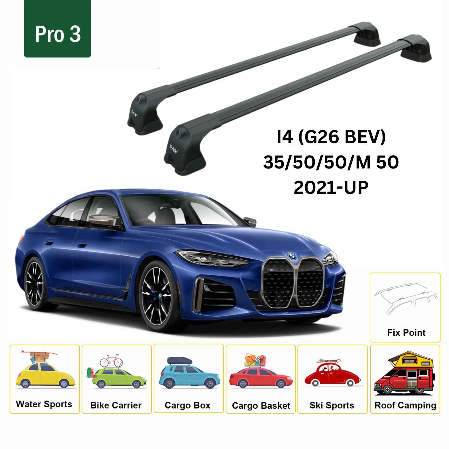 For BMW I4 (G26 BEV) 2021-Up Roof Rack Cross Bars Fix Point Alu Black