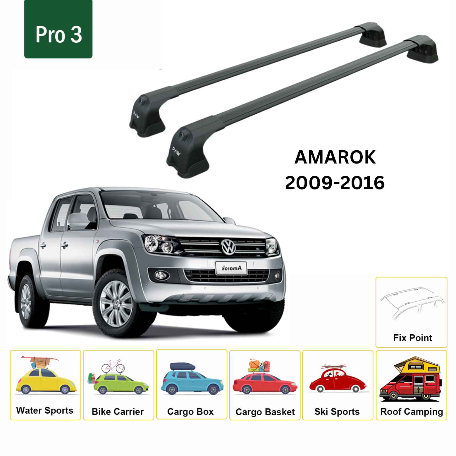 For Volkswagen Amarok 2009-16 Roof Rack Cross Bar Fix Point Alu Black