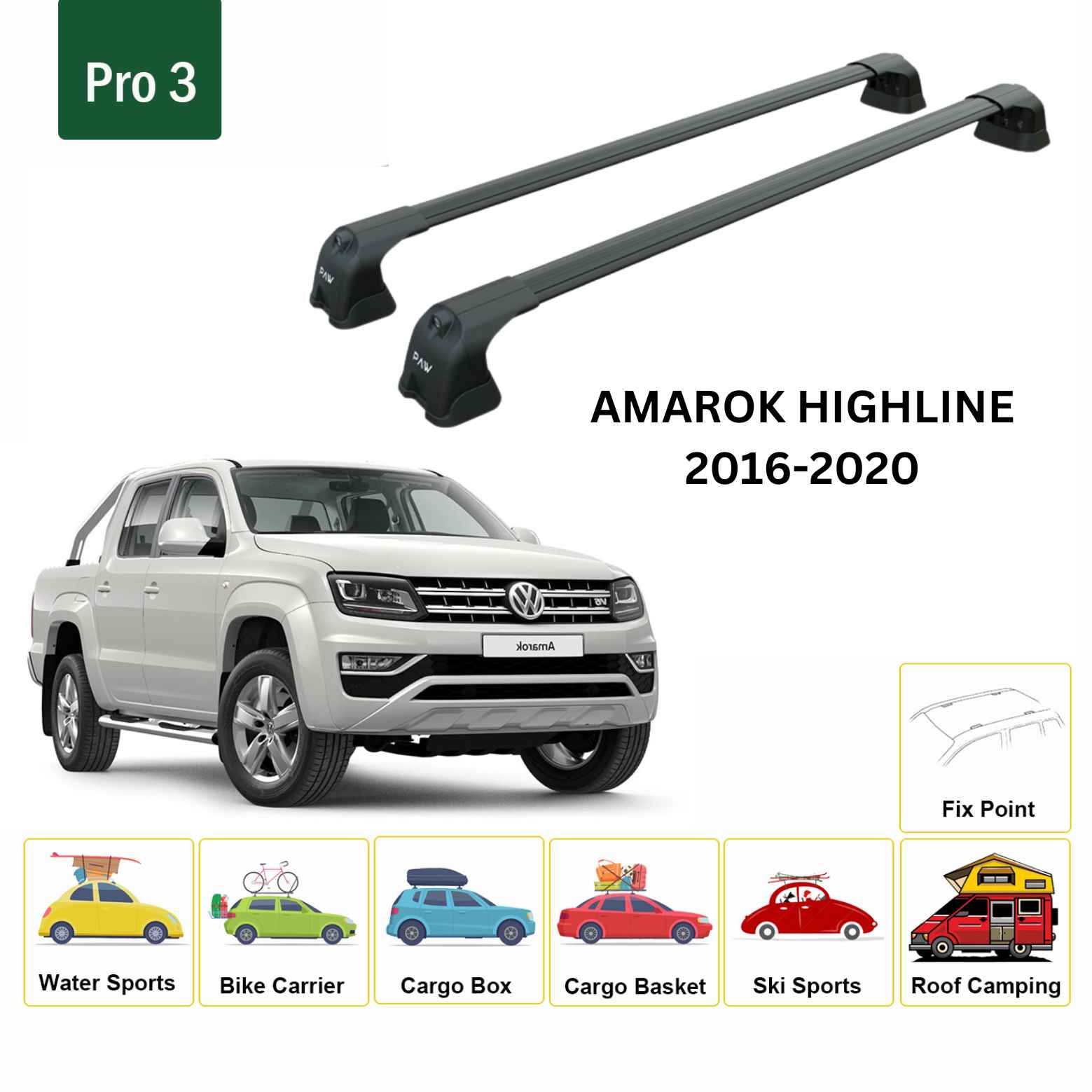 For Volkswagen Amarok Highline 2016-20 Roof Rack Cross Bar Fix Point Alu Black - 0