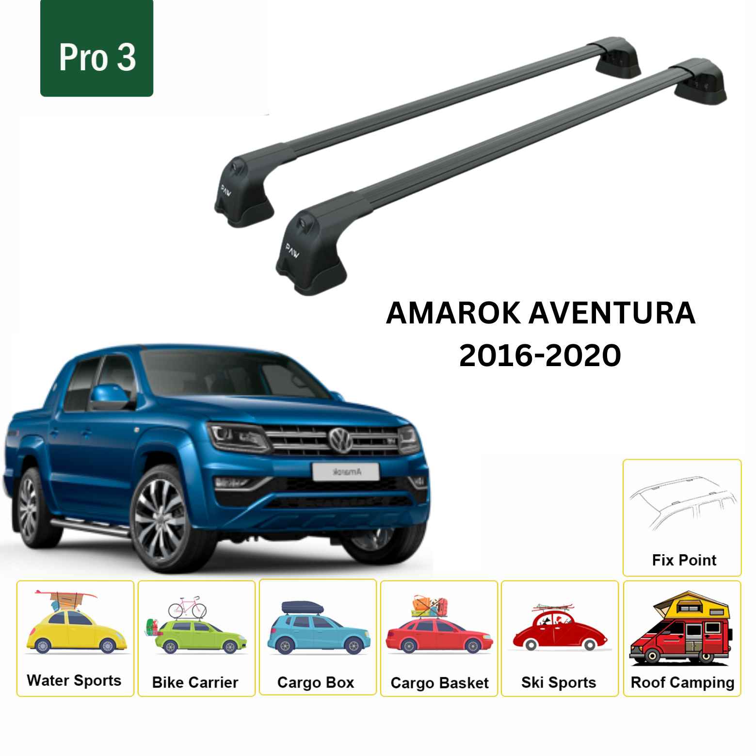 For Volkswagen Amarok Aventura 2016-20 Roof Rack Cross Bar Fix Point Alu Black
