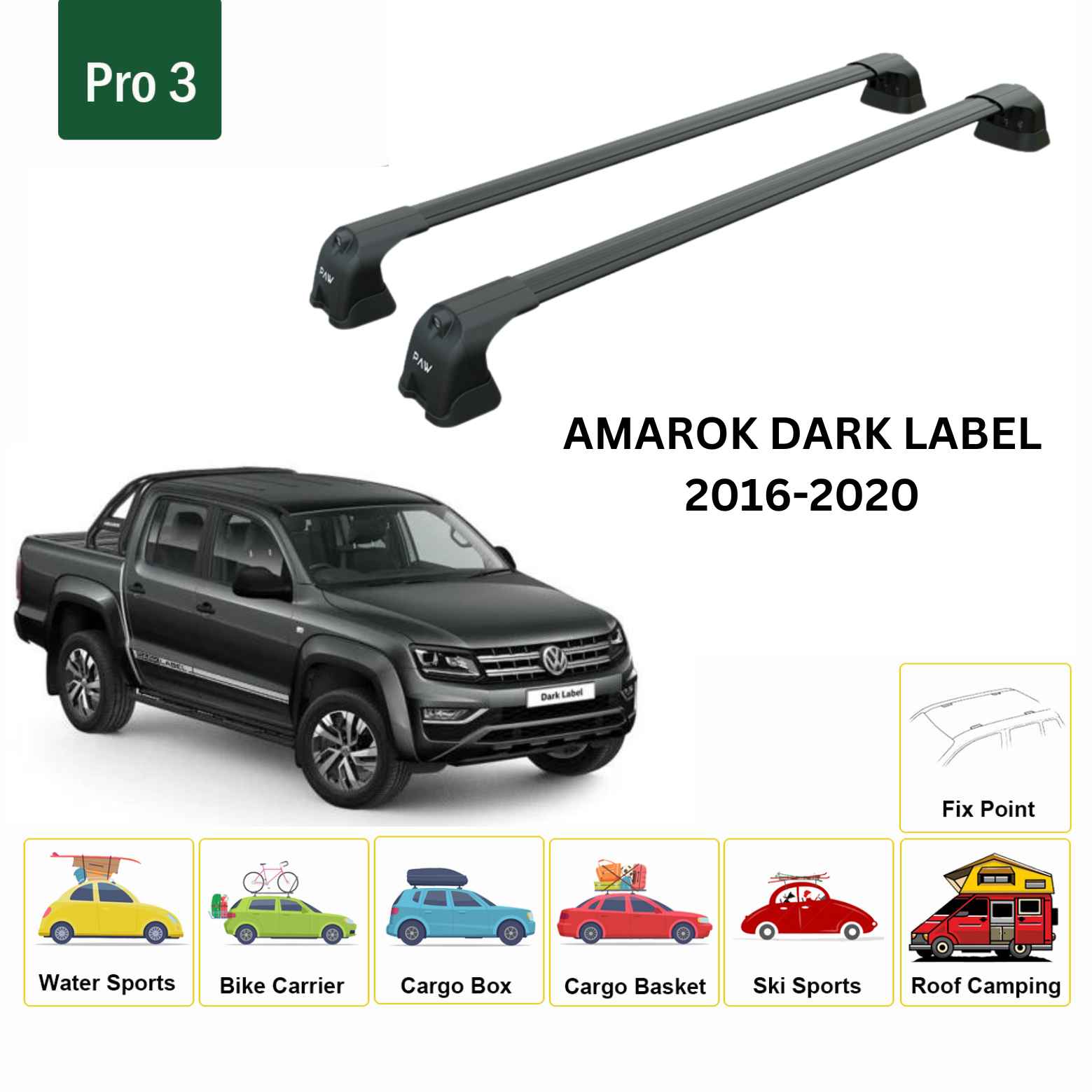 For Volkswagen Amarok Dark Label 2016-20 Roof Rack Cross Bar Fix Point Alu Black