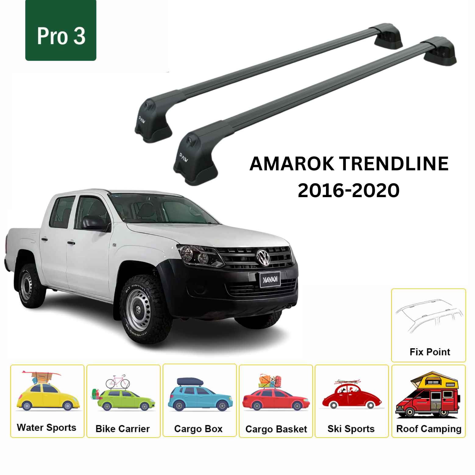 For Volkswagen Amarok Trendline 2016-20 Roof Rack Cross Bar Fix Point Alu Black