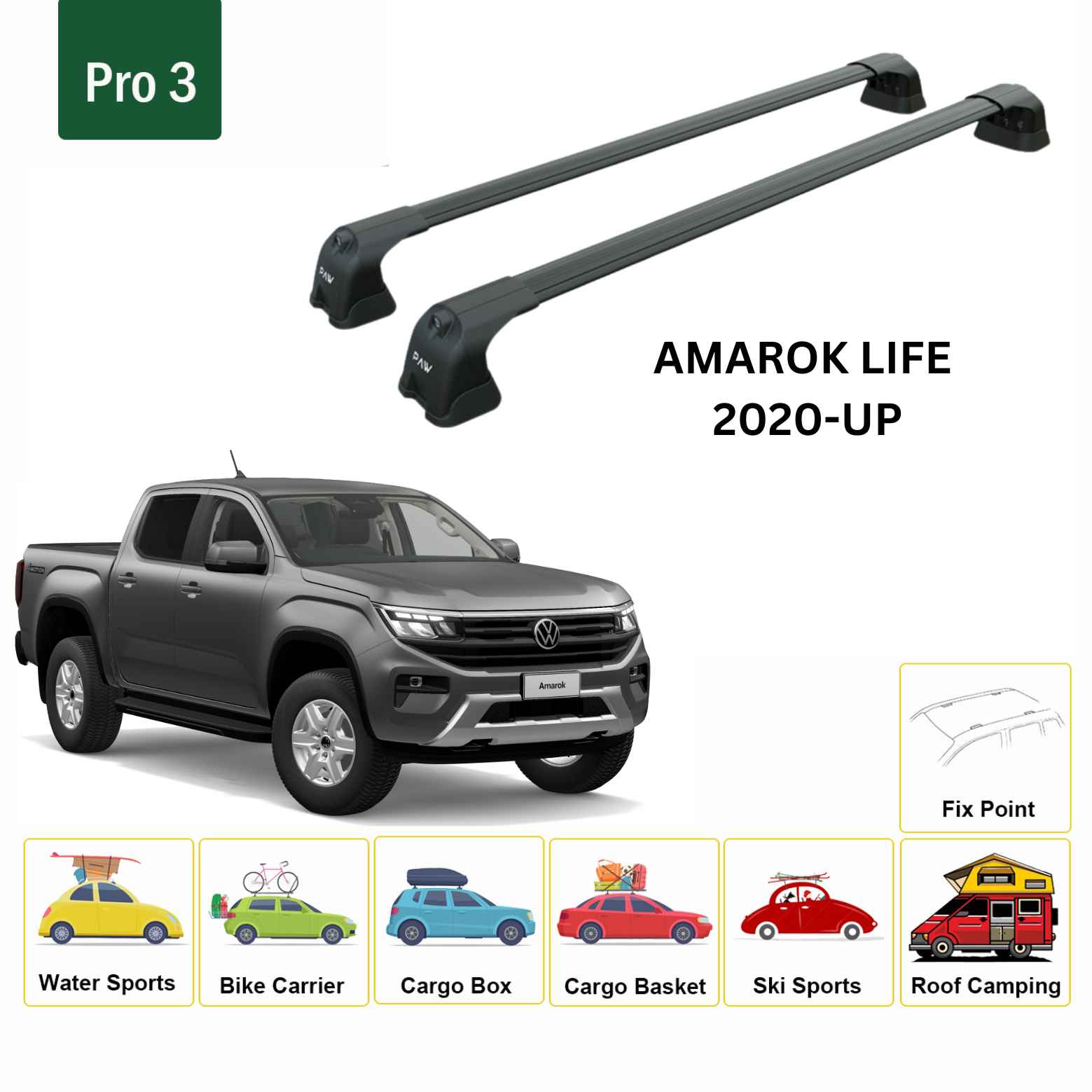 For Volkswagen Amarok Life 2020-Up Roof Rack Cross Bar Fix Point Alu Black