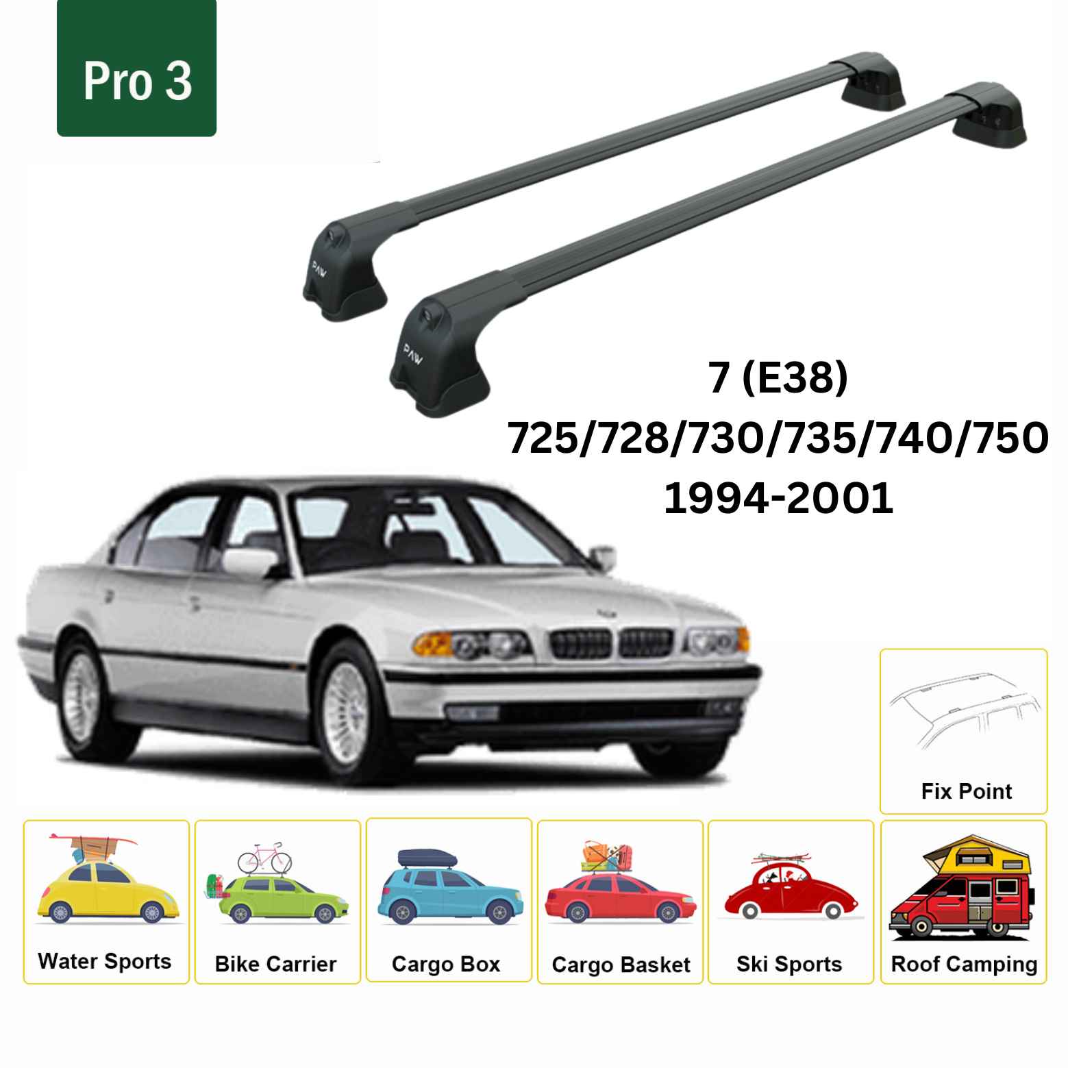 For BMW 7 (E38) 1994-01 Roof Rack Cross Bars Fix Point Alu Black
