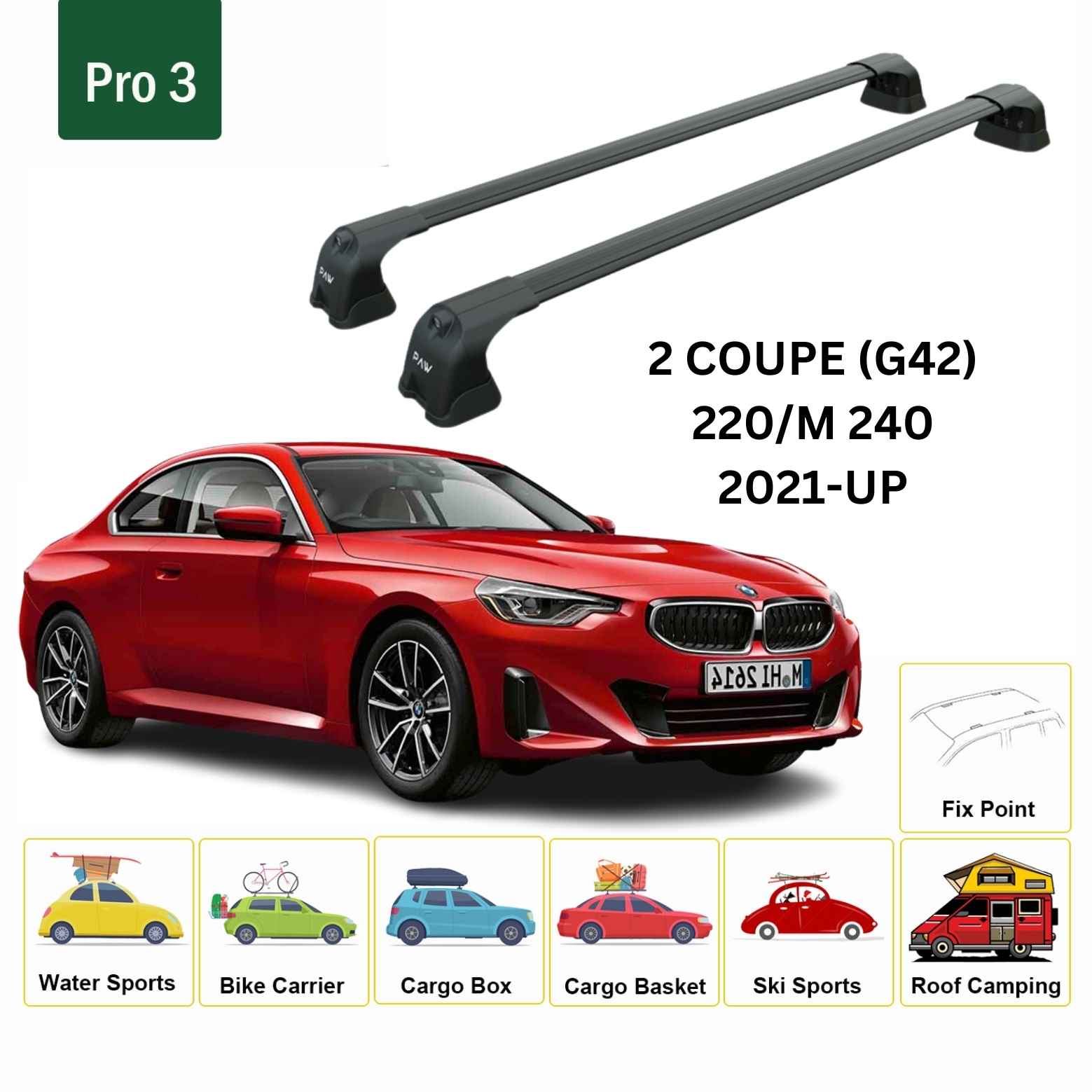 For BMW 2 Coupe (G42) 2021-Up Roof Rack Cross Bars Fix Point Alu Black - 0
