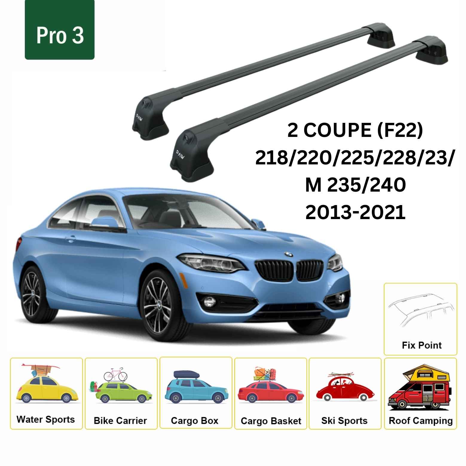 For BMW 2 Coupe (F22) 2013-21 Roof Rack Cross Bars Fix Point Alu Black - 0