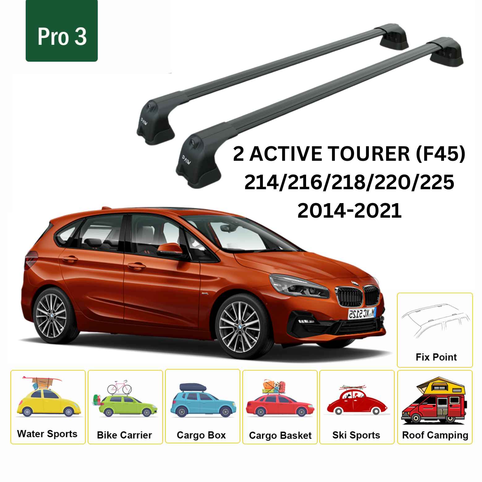 For BMW 2 Active Tourer (F45) 2014-21 Roof Rack Cross Bars Fix Point Alu Black