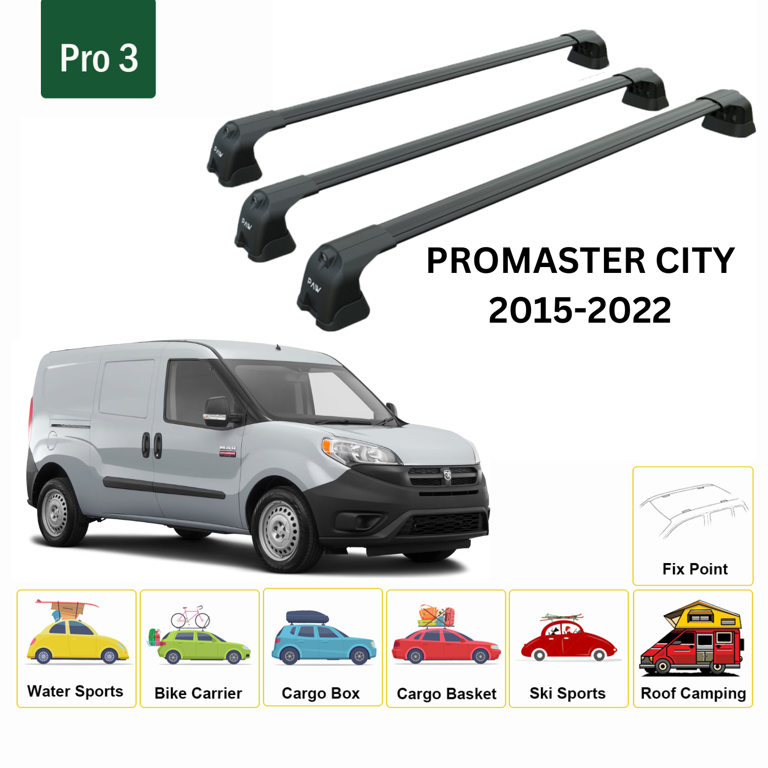 For Chevrolet Promaster City 2015-22 Roof Rack Cross Bars Metal Bracket Fix Point 3qty Alu Black - 0