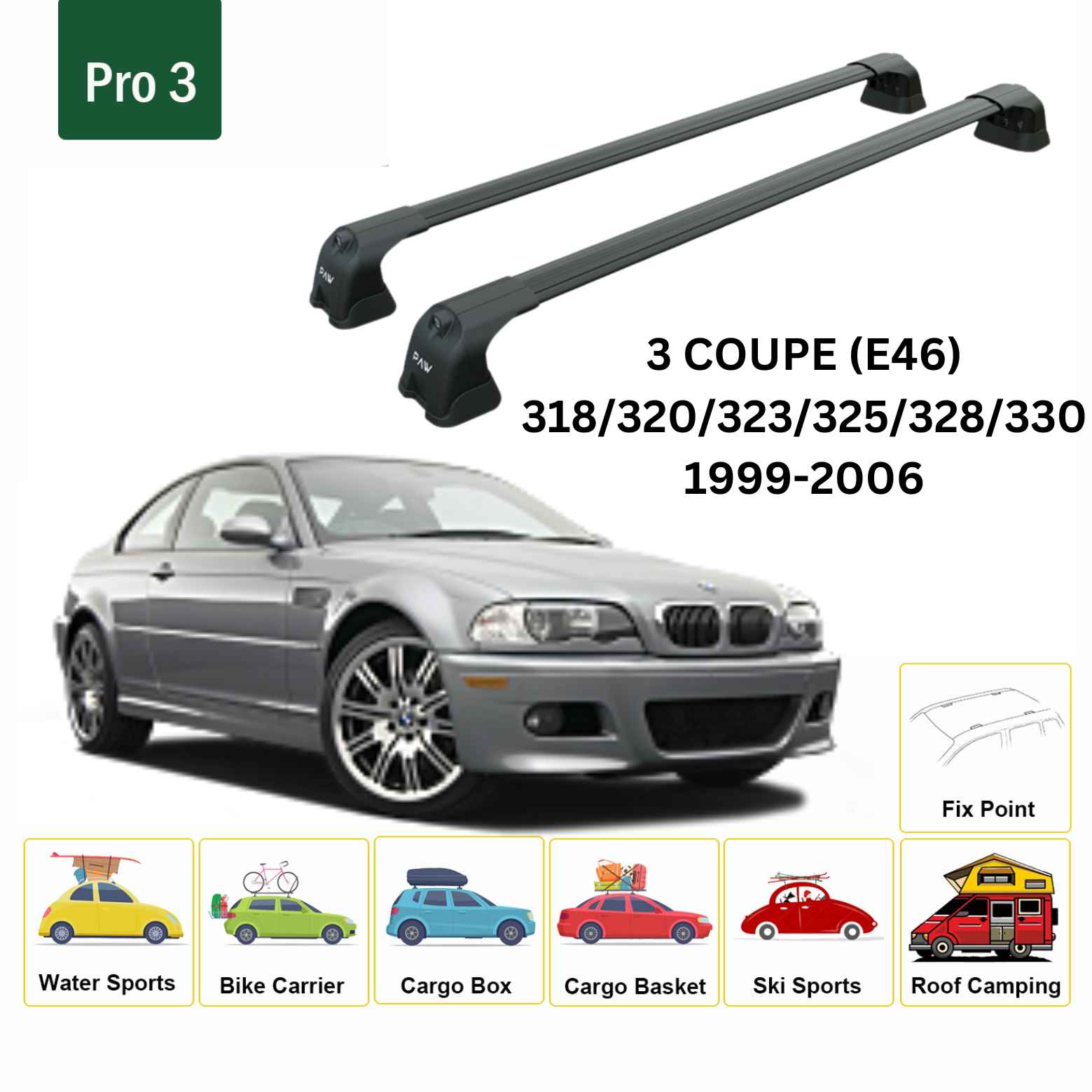 For BMW 3 Coupe (E46) 1999-06 Roof Rack Cross Bars Fix Point Alu Black - 0