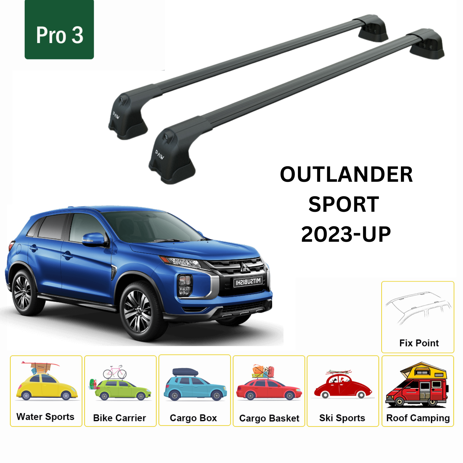 For Mitsubishi Outlander Sport 2022-Up Roof Rack Cross Bars Fix Point Alu Black - 0