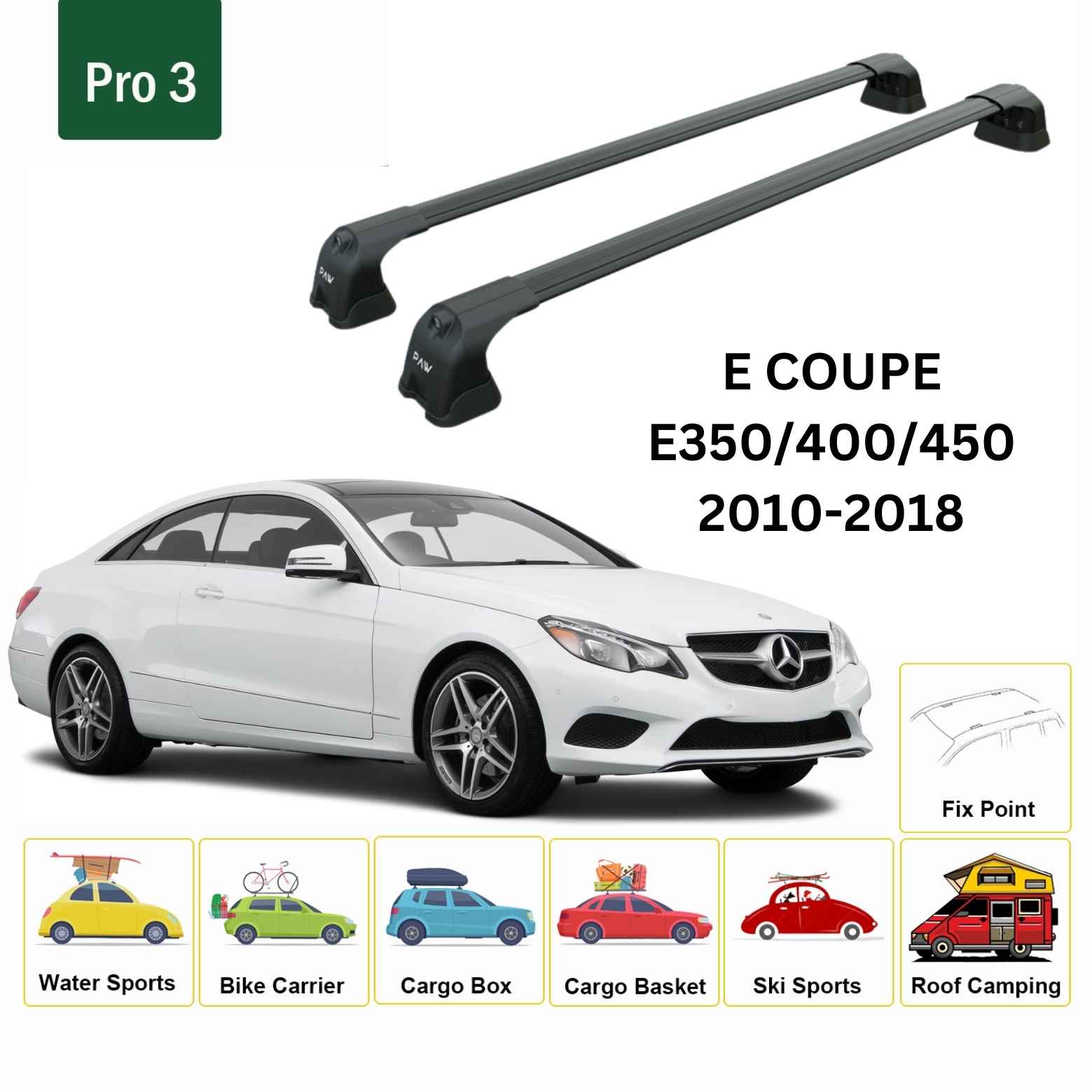 For Mercedes Benz E Coupe C207 2010-18 Roof Rack Cross Bars Fix Point Alu Black - 0