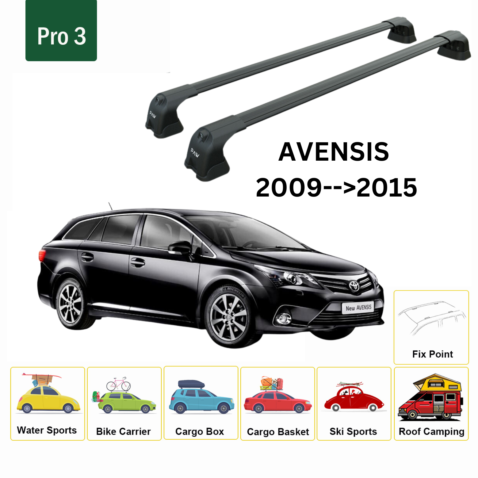 For Toyota Avensis 2009-15 Roof Rack Cross Bars Fix Point Alu Black - 0
