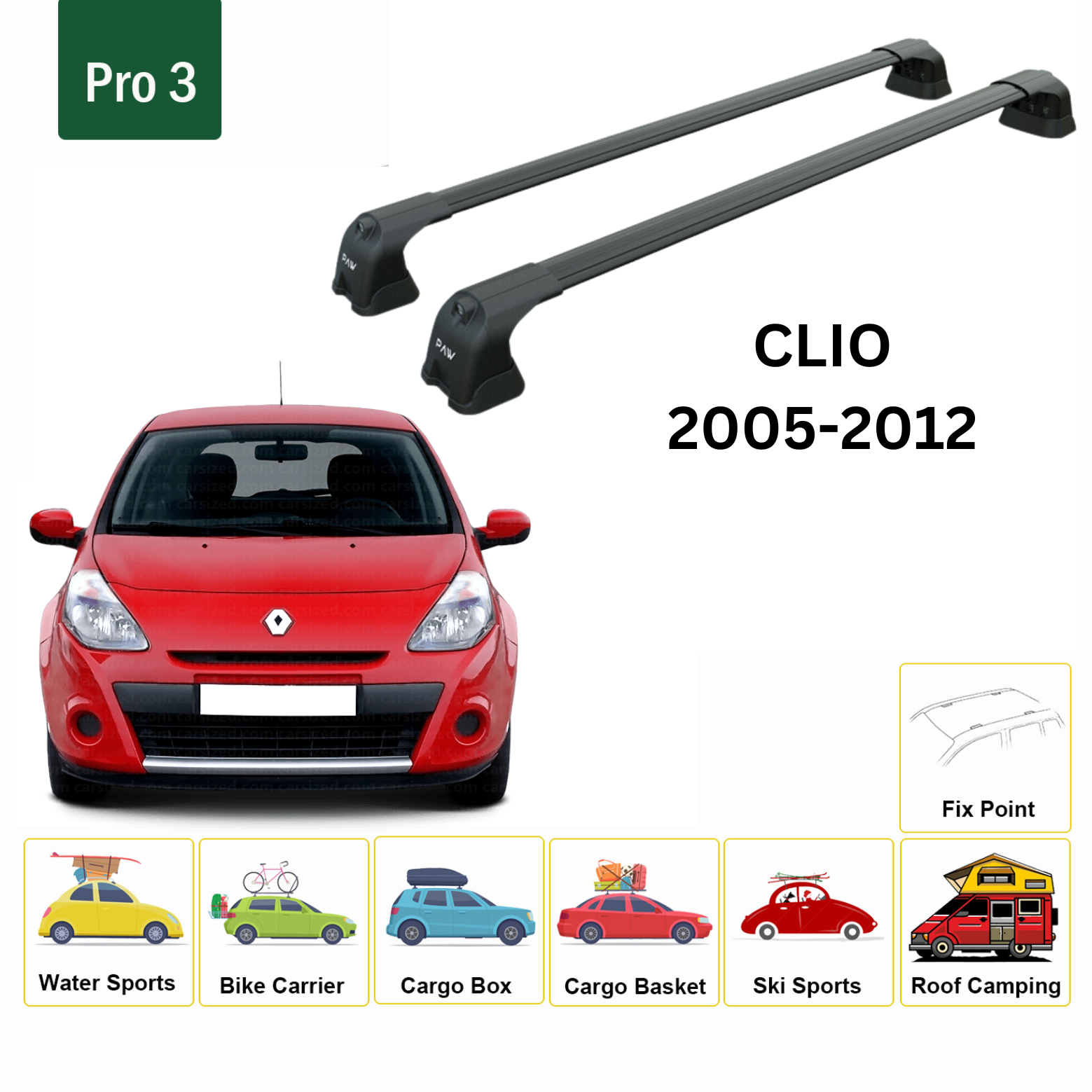 For Renault Clio 2005-2012 Roof Rack System, Aluminium Cross Bar, Metal Bracket, Fix Point, Black