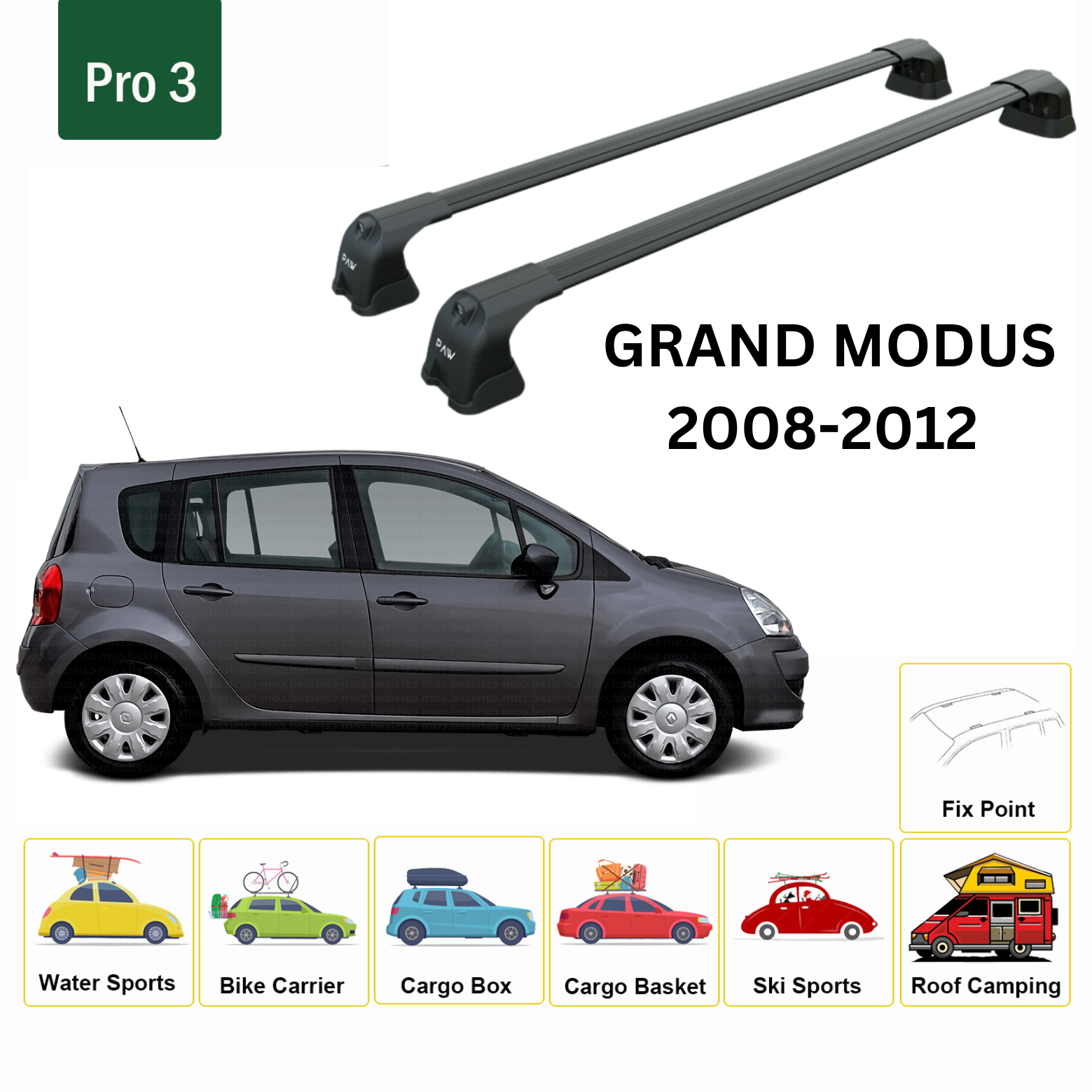 For Renault Grand Modus 2008-2012 Roof Rack System, Aluminium Cross Bar, Metal Bracket, Fix Point, Black