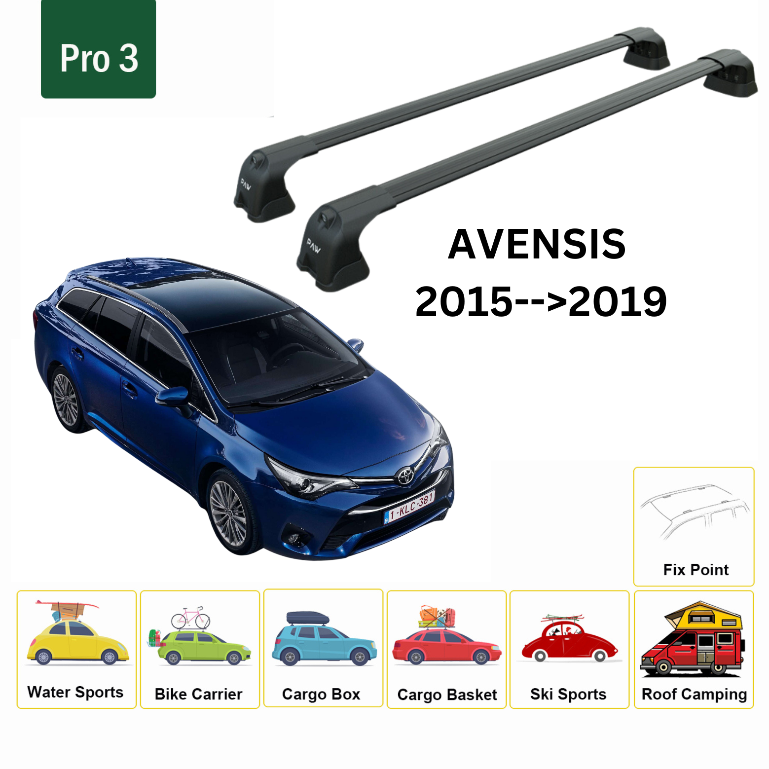 For Toyota Avensis 2015-19 Roof Rack Cross Bars Fix Point Alu Black - 0